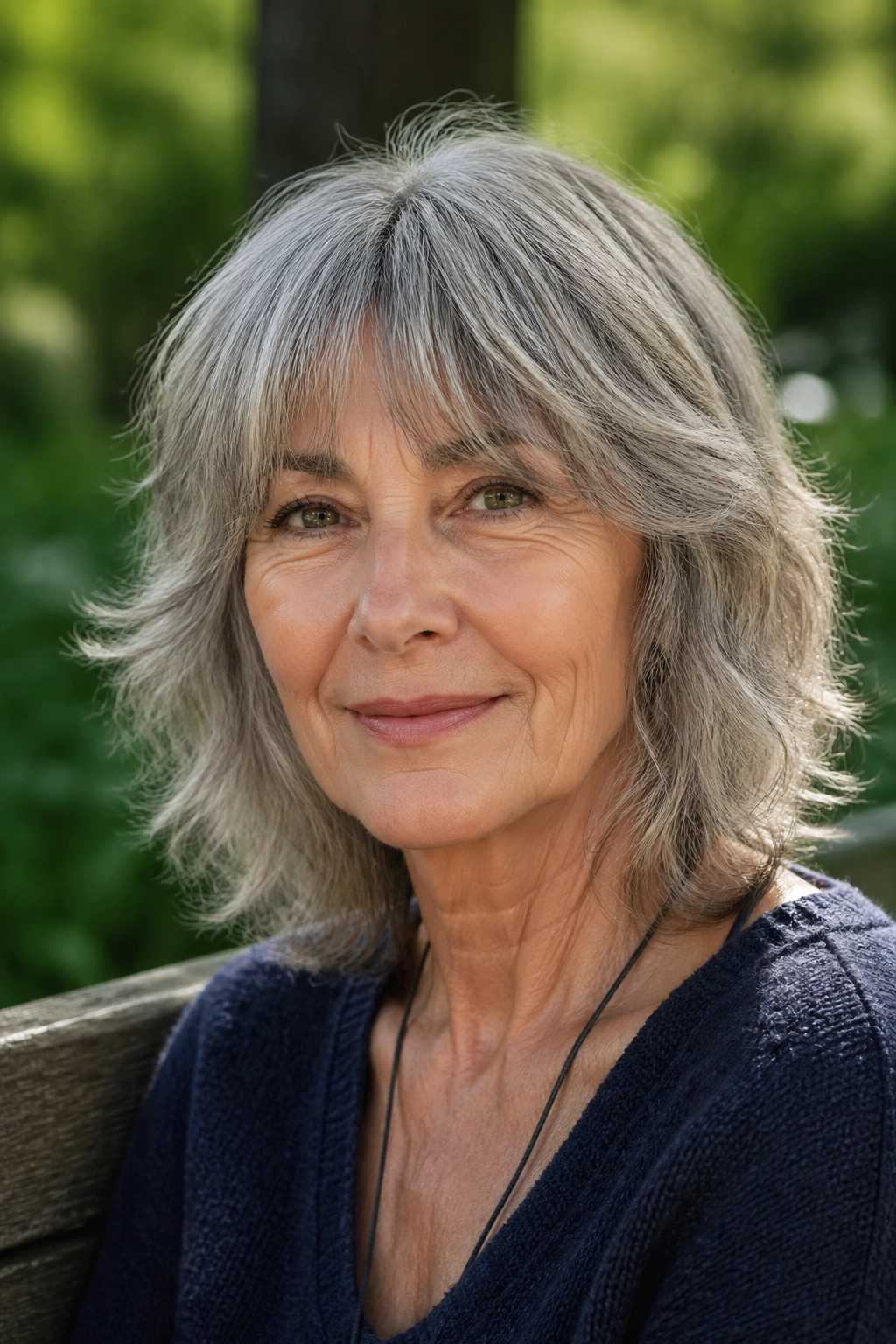 Real woman with shag haircut and wispy bangs on a park bench
