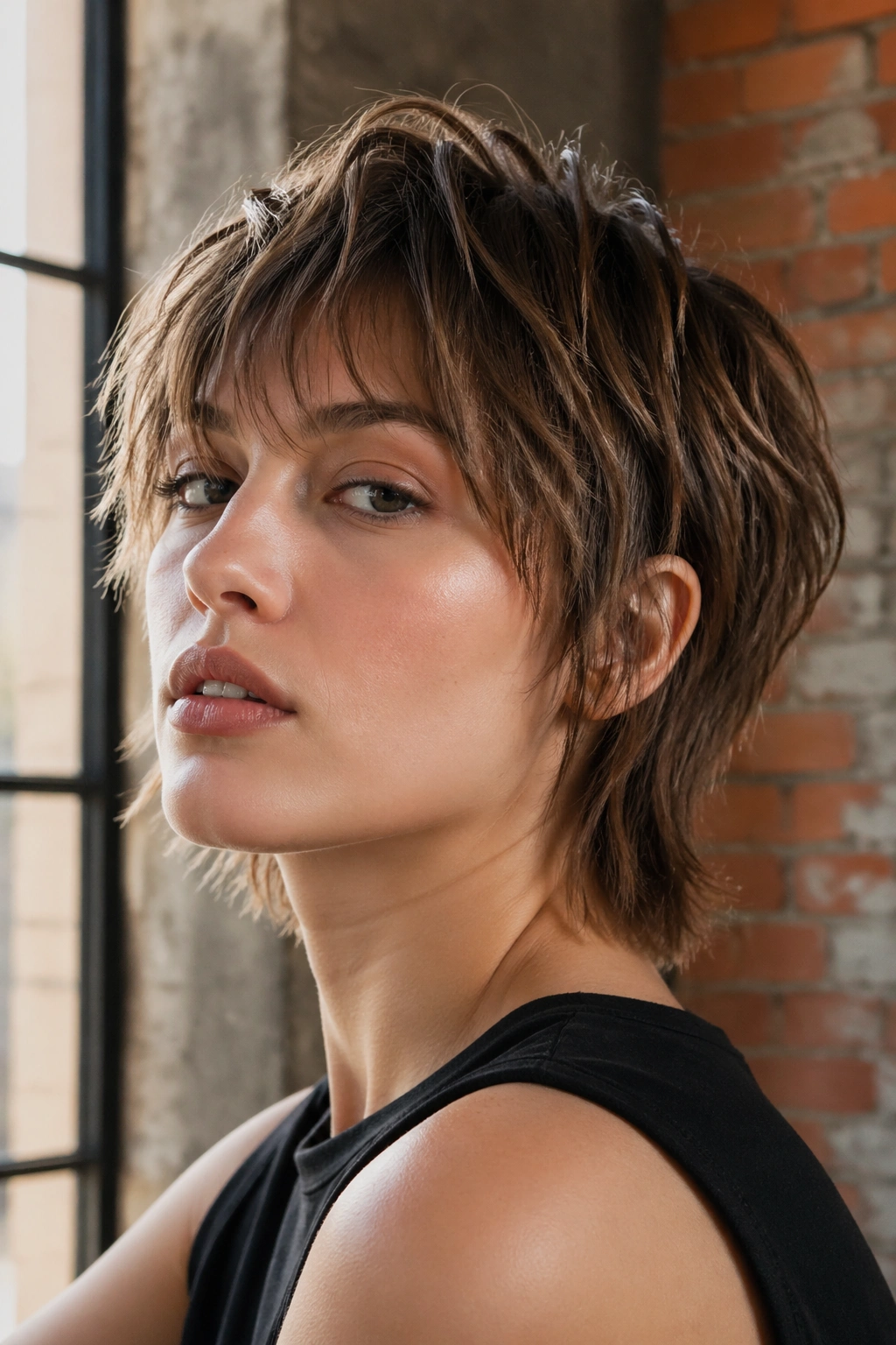 Portrait of a real person with a shaggy bixie and broken ends in an urban loft