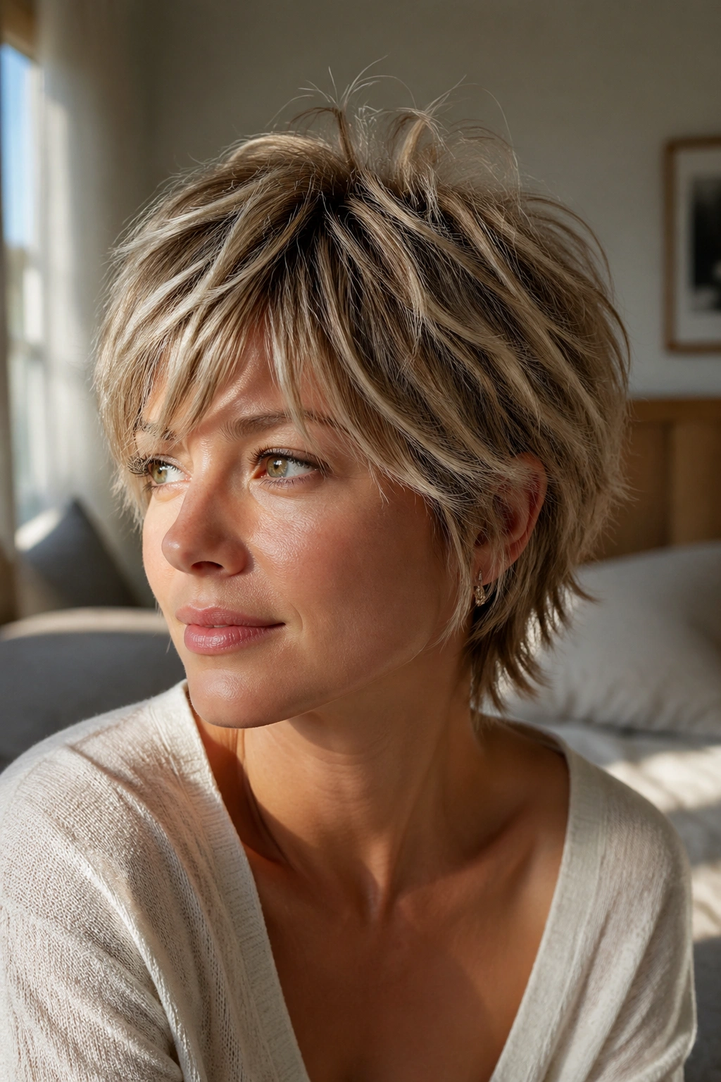 Close-up of a real woman with a shaggy bixie and choppy crown layers in warm window light