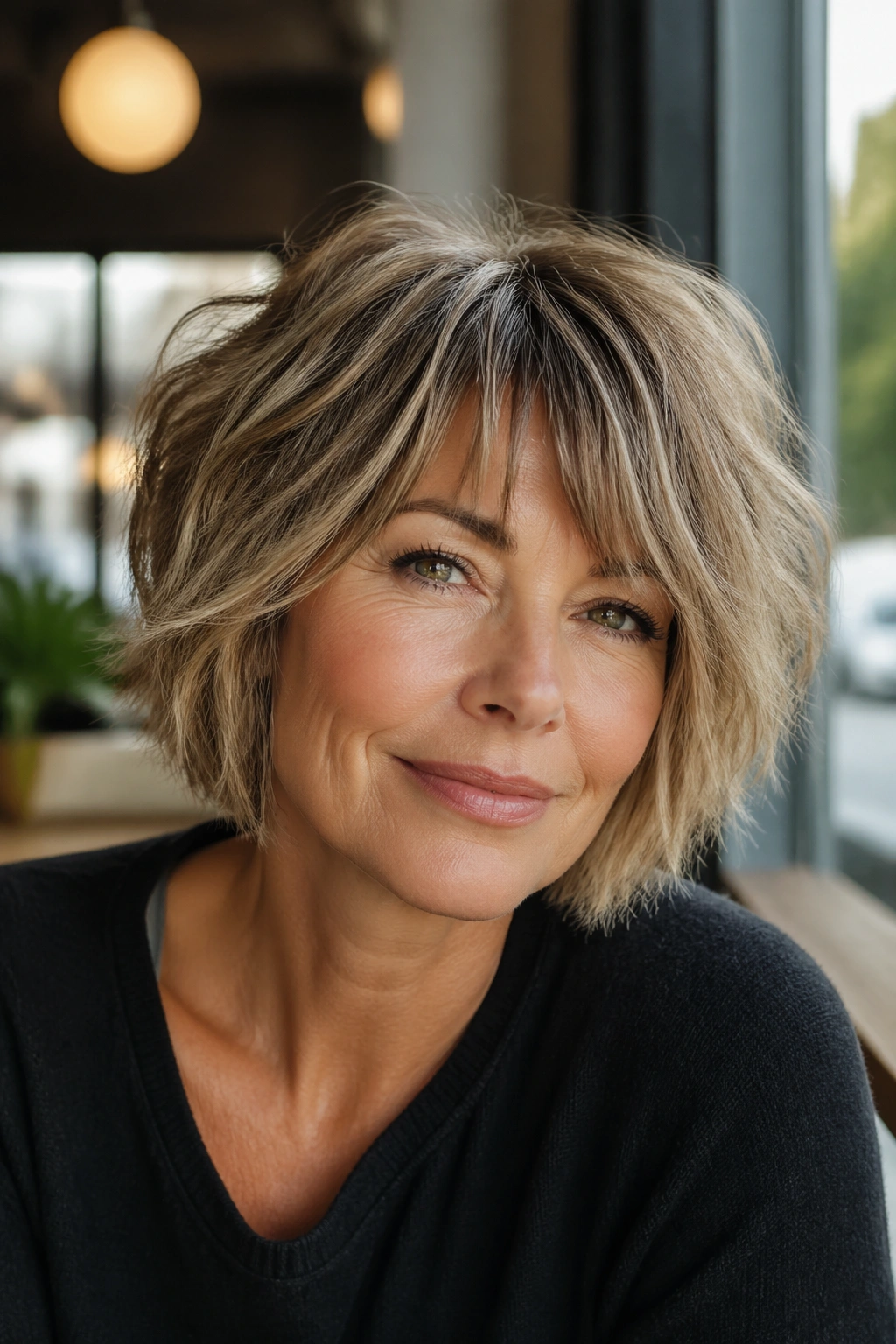 Close-up portrait of a woman with a shaggy bob and airy ends.