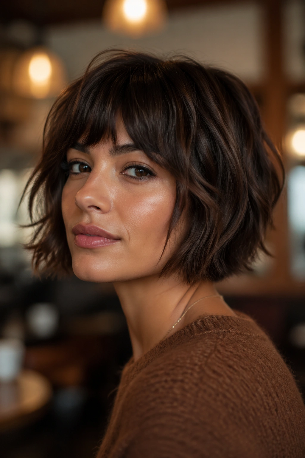 Close-up portrait of a real woman with a chocolate brown shaggy bob in cafe light