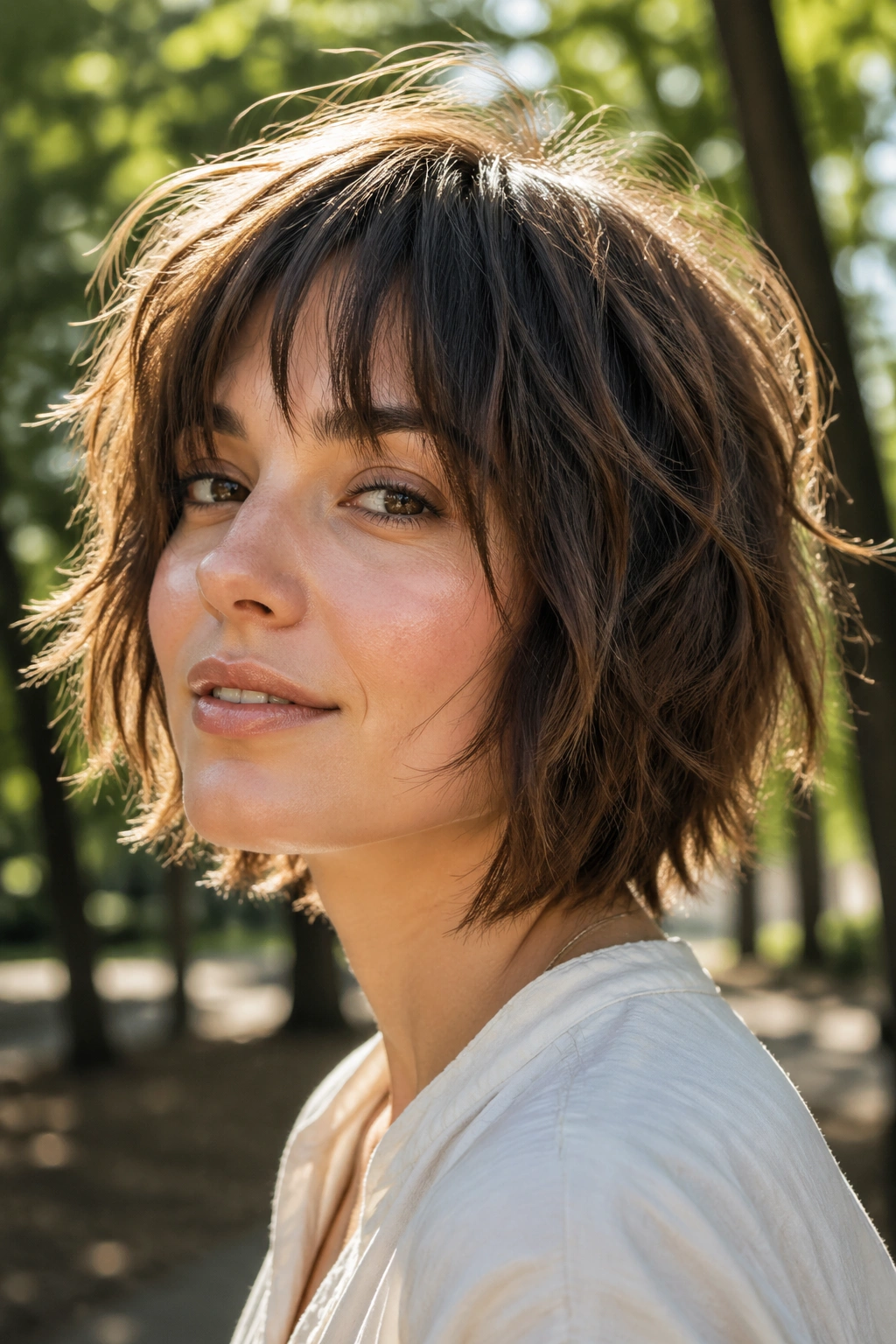 Close-up portrait of a woman with a shaggy bob and choppy layers in a park setting.