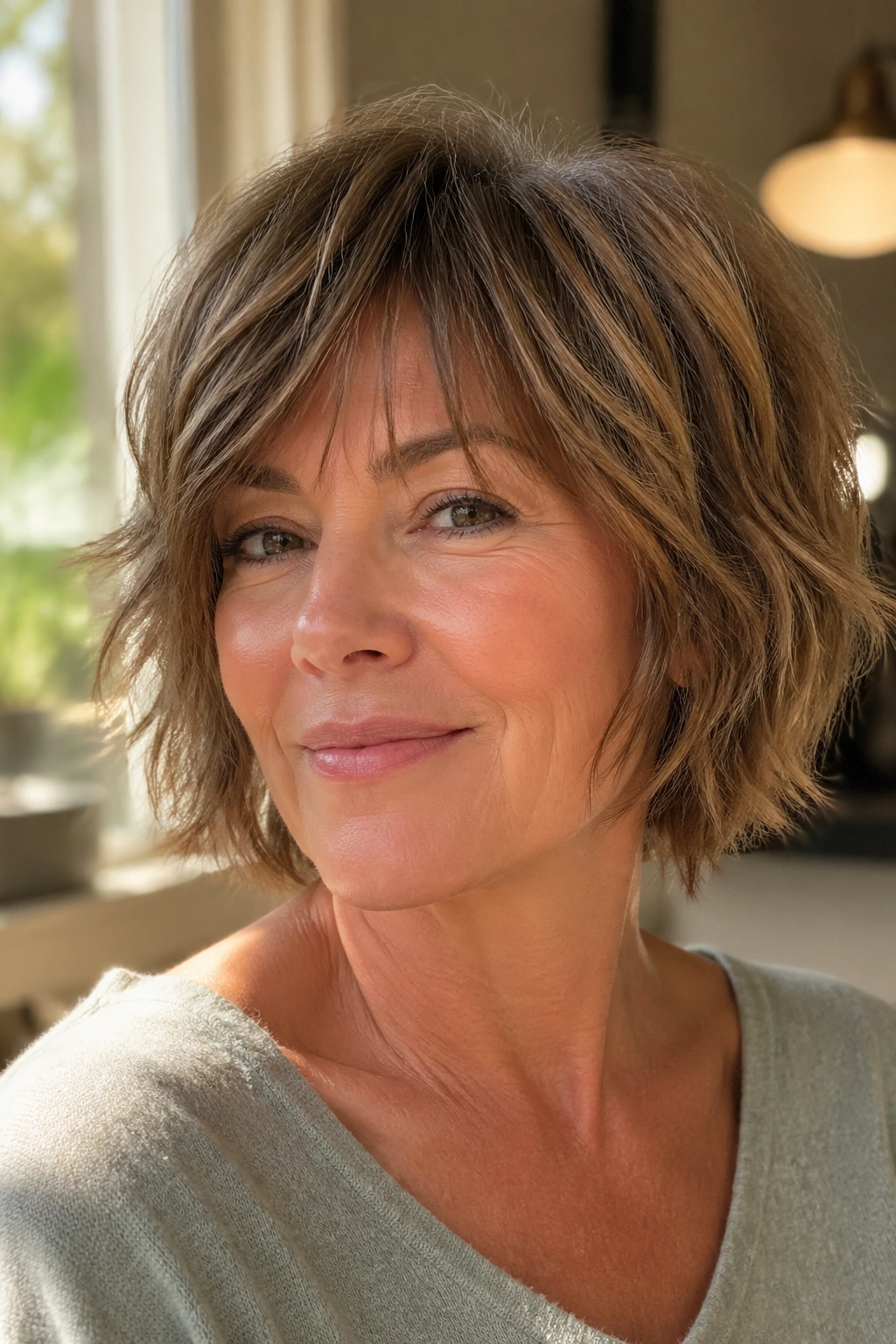 Real woman with shaggy bob hairstyle in a warm room