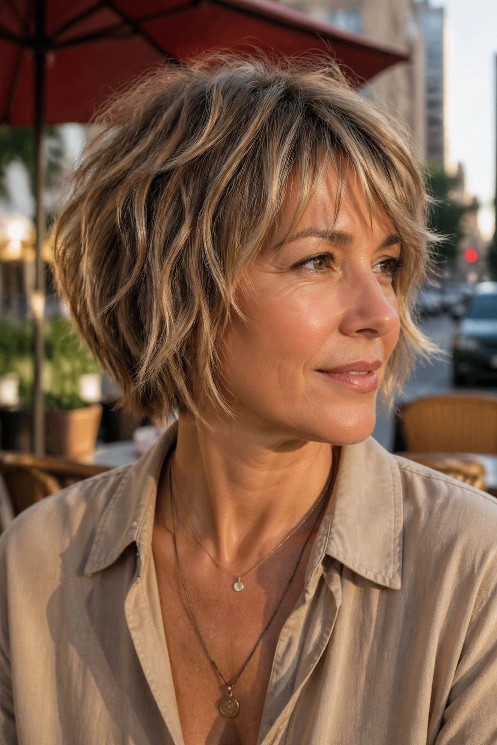 Woman with piecey shaggy bob at an outdoor cafe