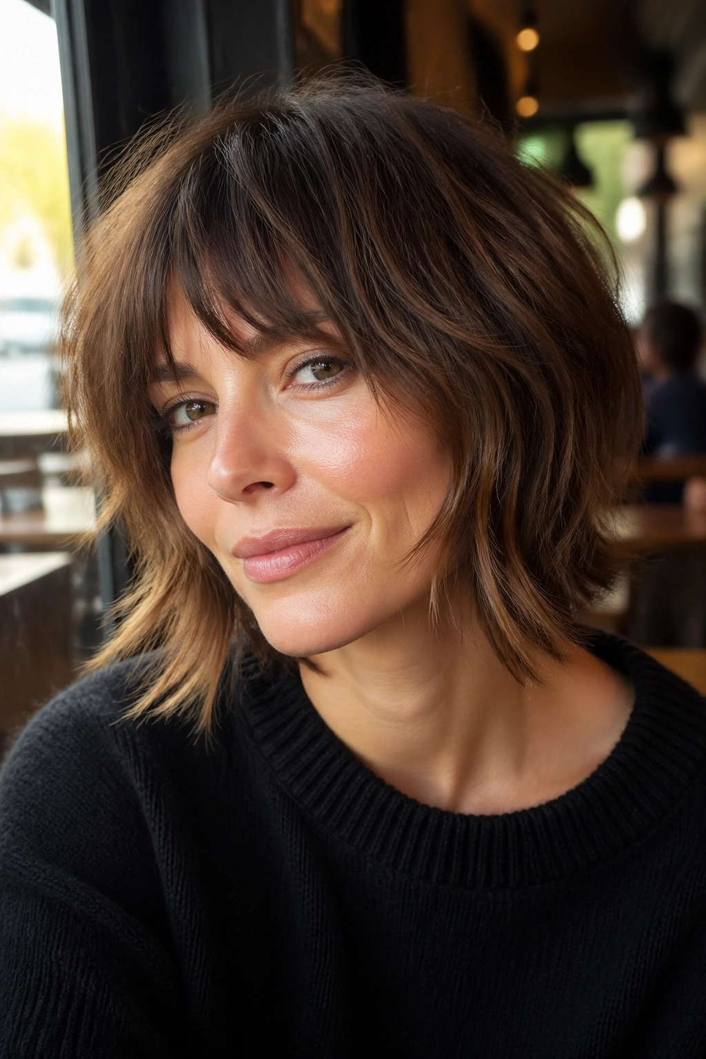 Real woman with shaggy bob and razor ends in cafe light.