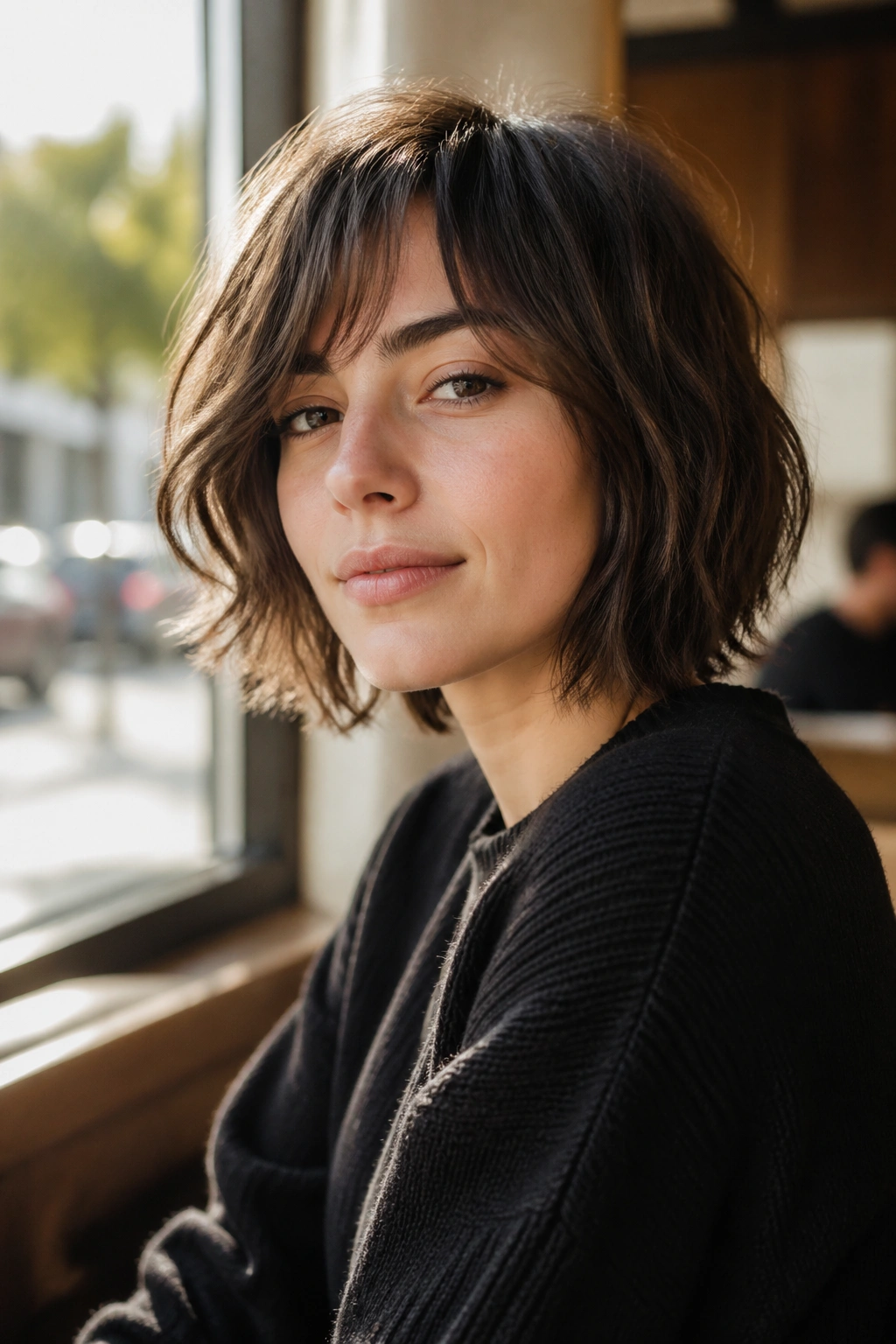 Close-up portrait of a real person with a shaggy bob and soft texture in a sunlit setting