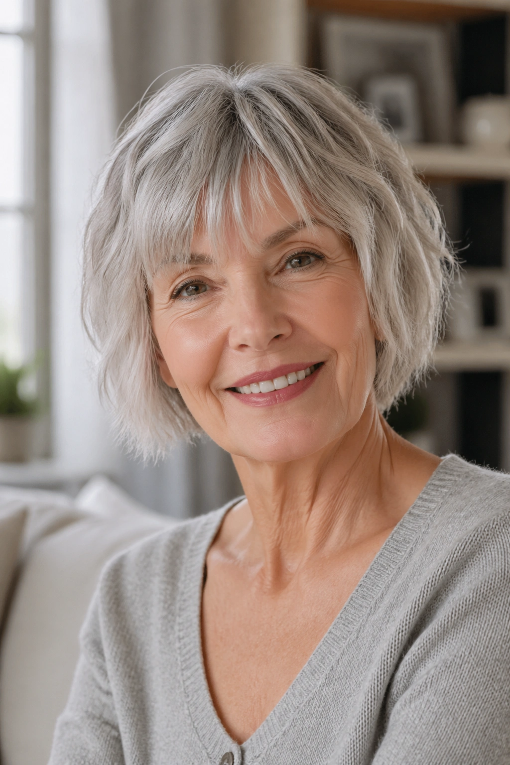 Close-up portrait of older woman with shaggy bob and wispy fringe.