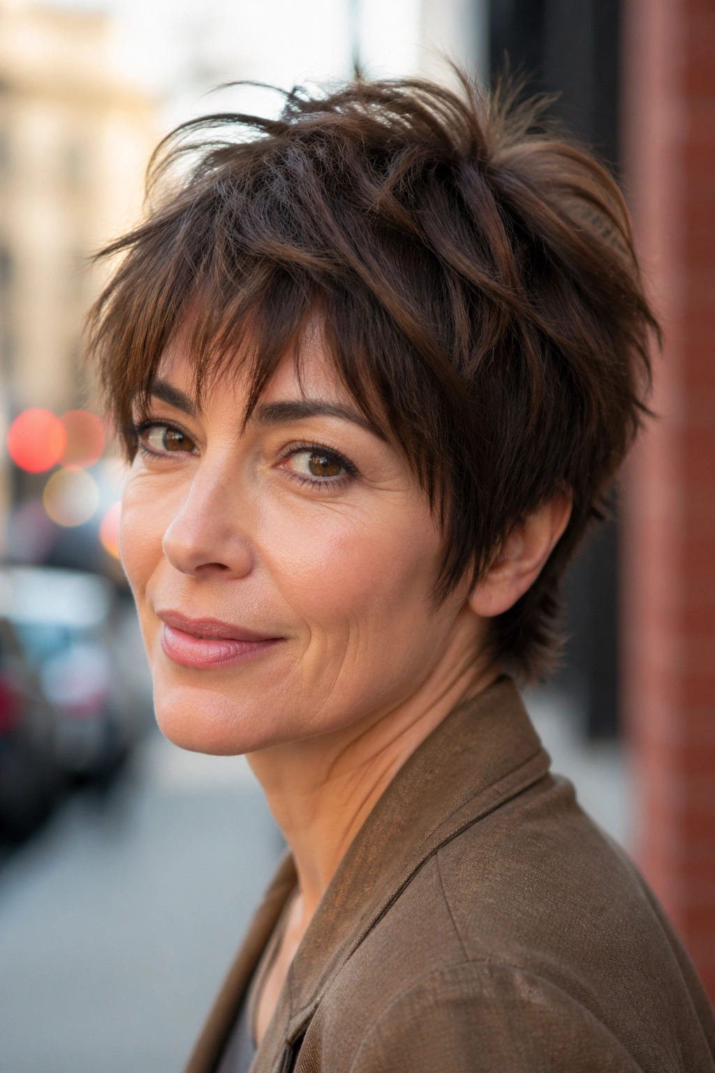 Portrait of a real woman with shaggy choppy pixie showing texture