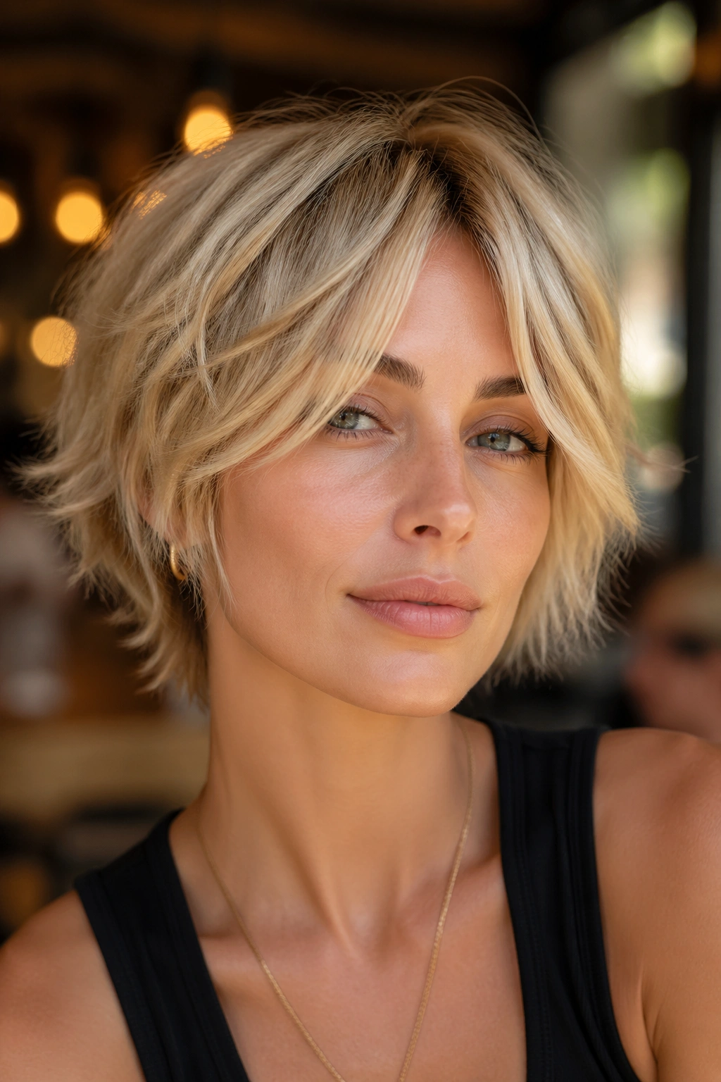 Real woman with shaggy crop and curtain fringe in warm afternoon light