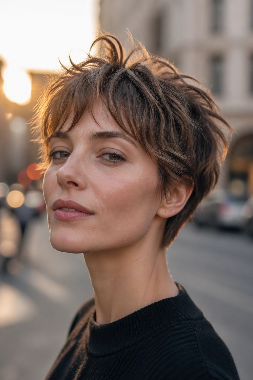 Portrait of a person with a shaggy crop hairstyle in a windy outdoor setting