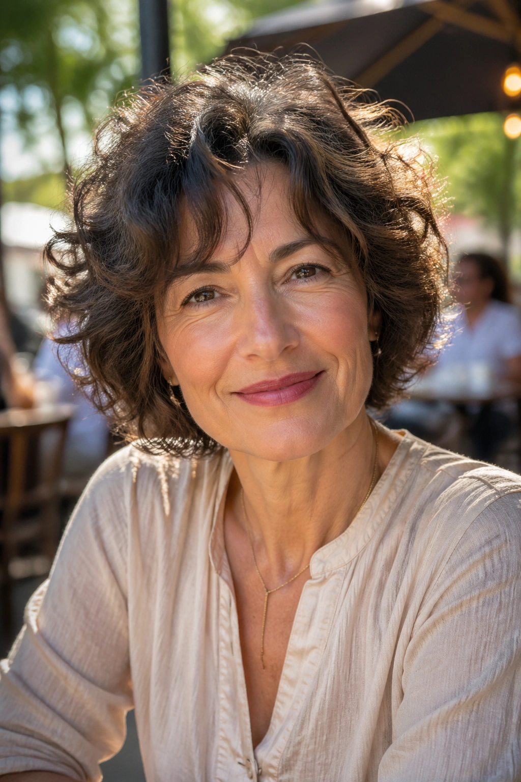 Portrait of a real woman with a shaggy curly bob in outdoor cafe light