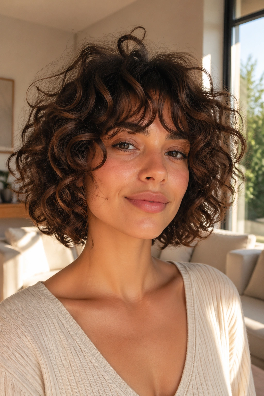 Portrait of a woman with a shaggy curly bob in a bright living room
