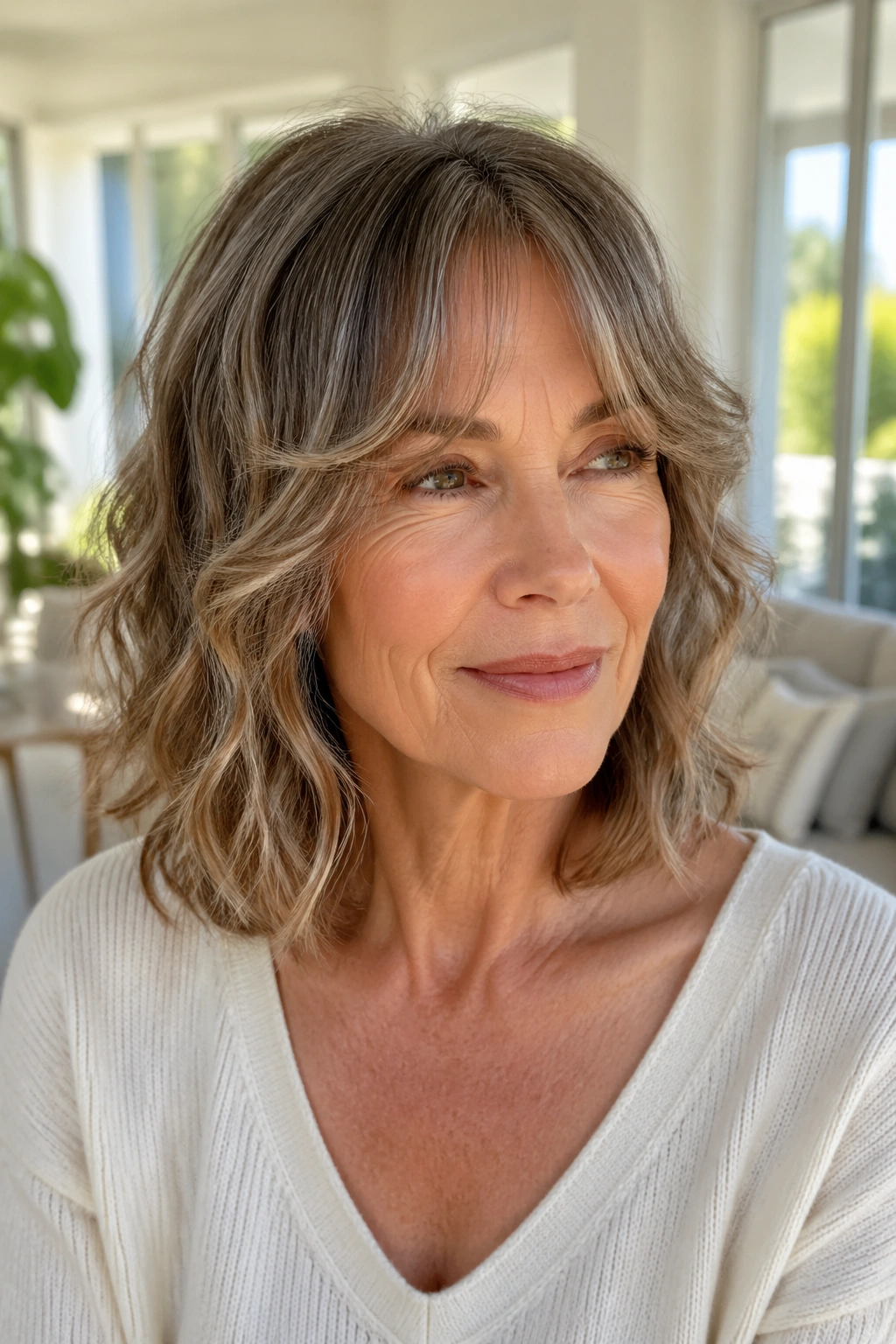 Close-up portrait of a woman with a shaggy lob and curtain bangs