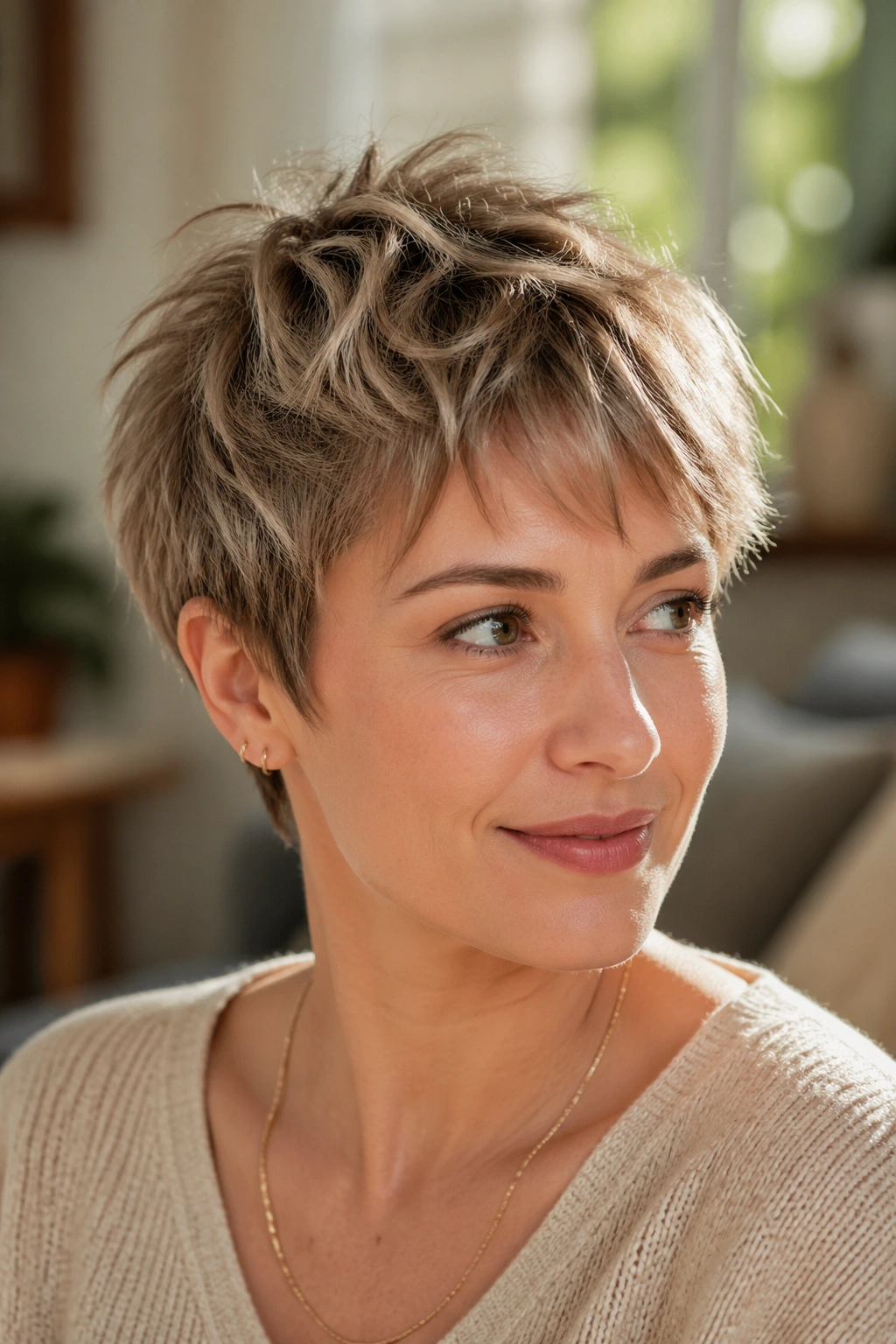 Close-up portrait of a real woman with a shaggy pixie featuring airy texture and broken layers in natural sunlight