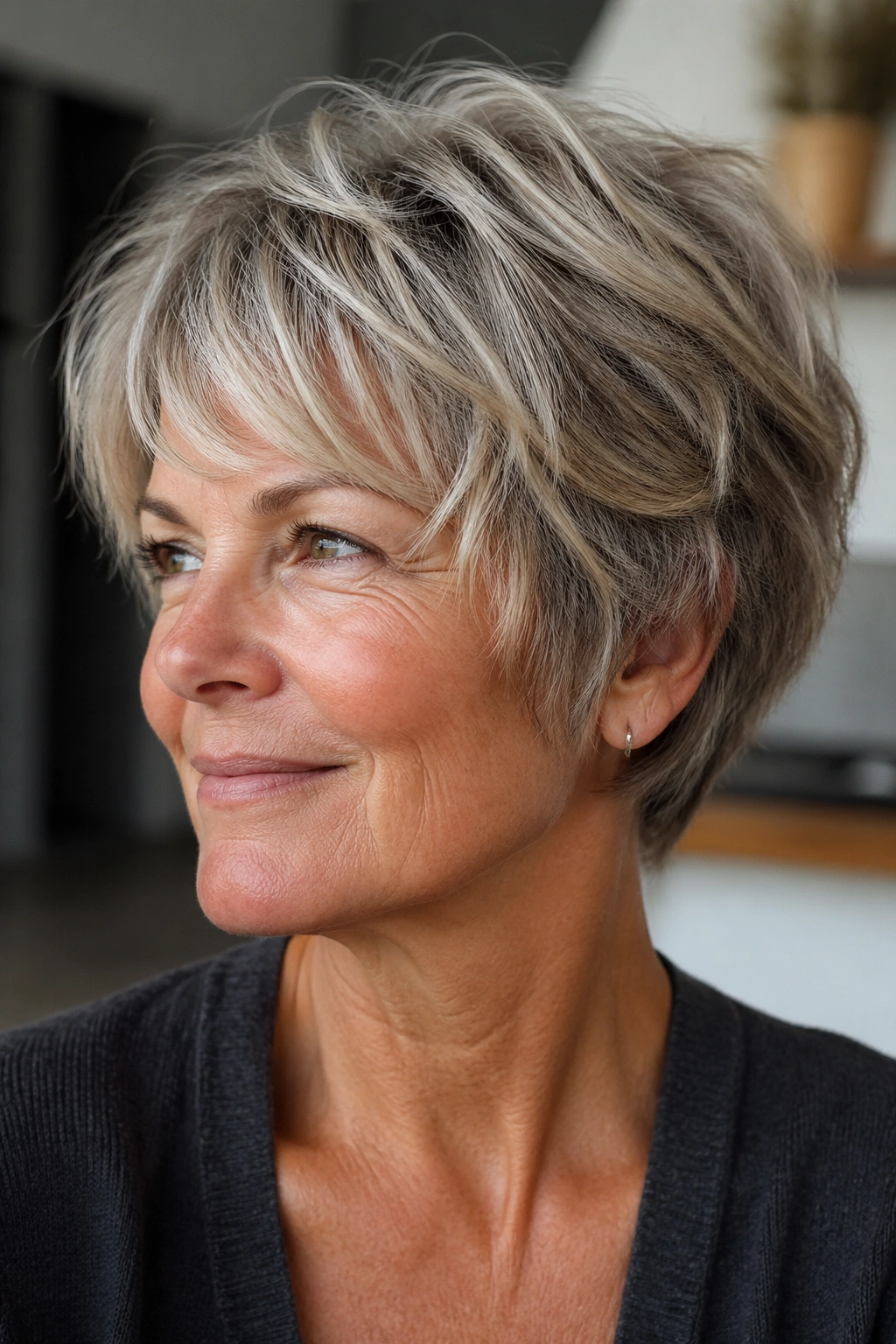 Close-up portrait of a real woman with shaggy pixie bob in natural light.