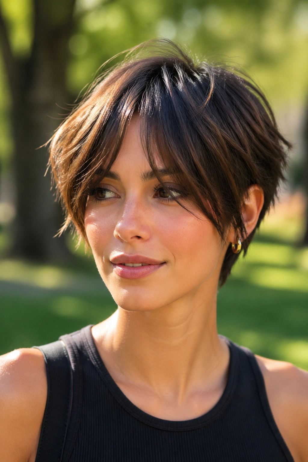 Close-up of a real person with shaggy pixie and curtain fringe in a sunny park