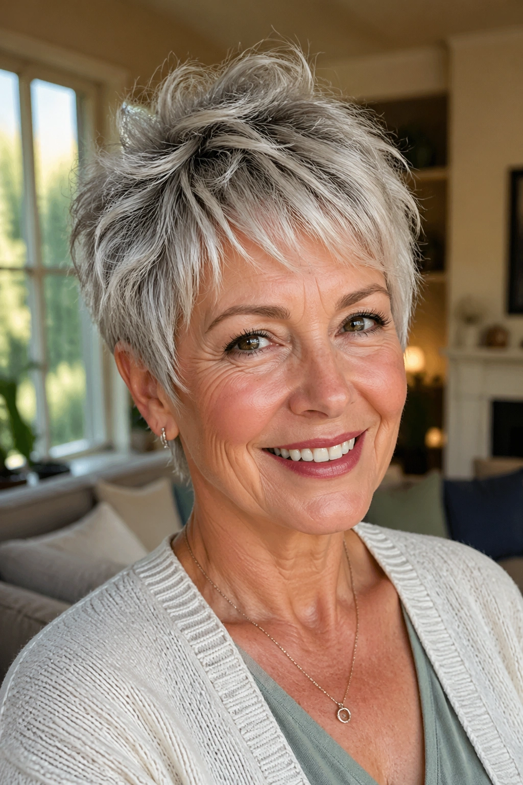 Real woman with shaggy pixie hairstyle, relaxed textured layers