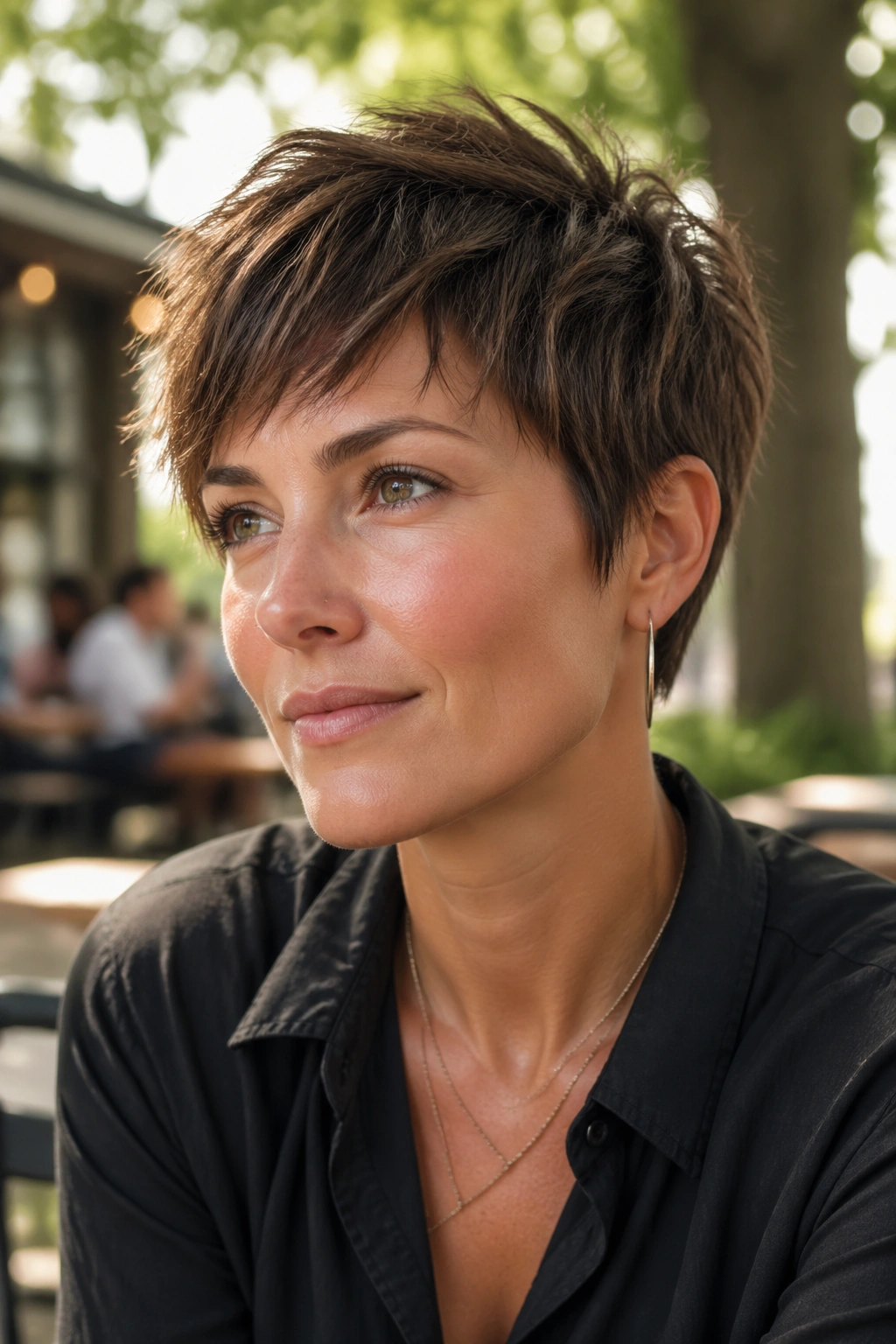 Close-up of real woman with shaggy pixie hairstyle outdoors