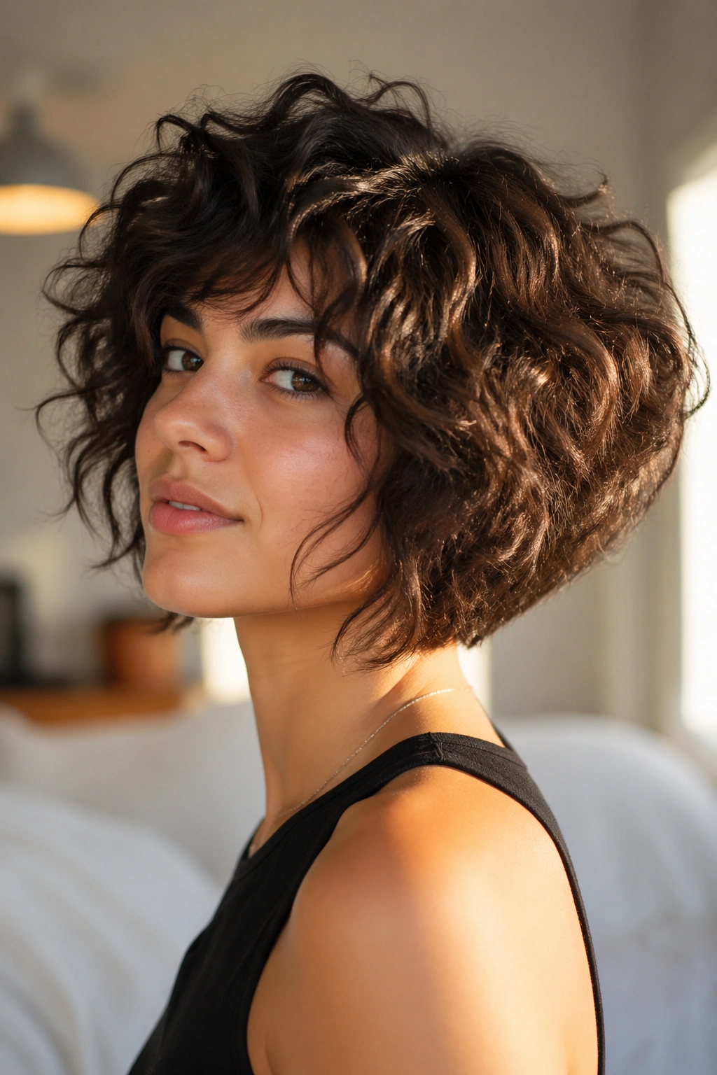 Real woman with shaggy razor-curled inverted bob