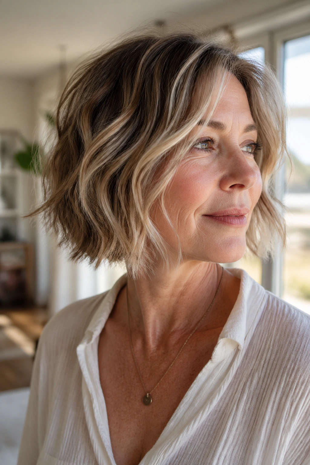 Close-up of a real woman's shattered bob with piecey ends and soft movement