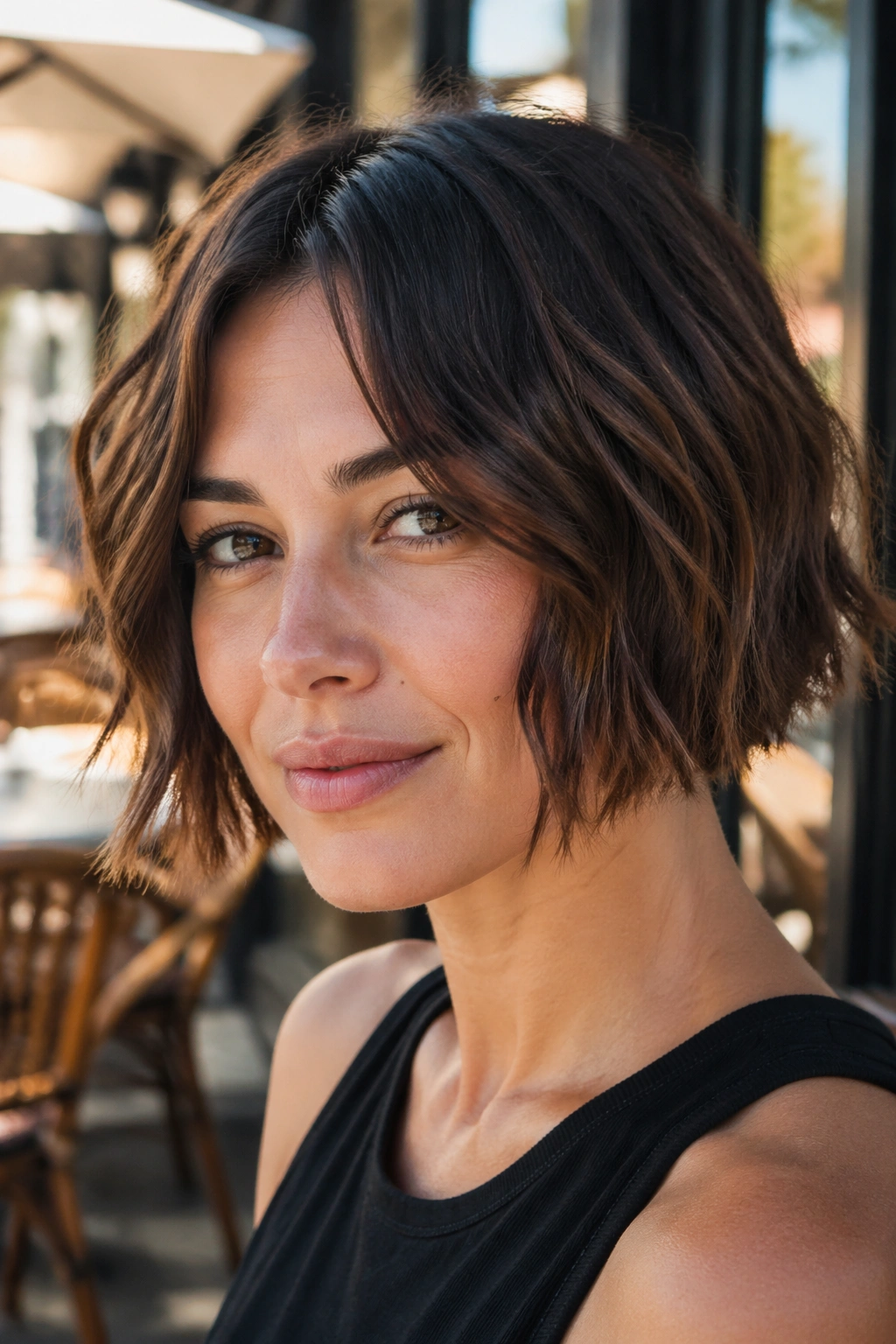 Close-up portrait of a real woman with a textured shattered bob.