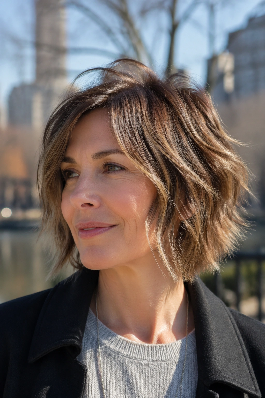 Close-up of a real woman with a shattered bob featuring soft texture at the ends.