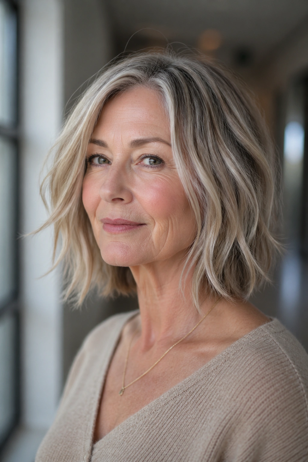 Close-up of an older woman with a shattered lob and airy ends