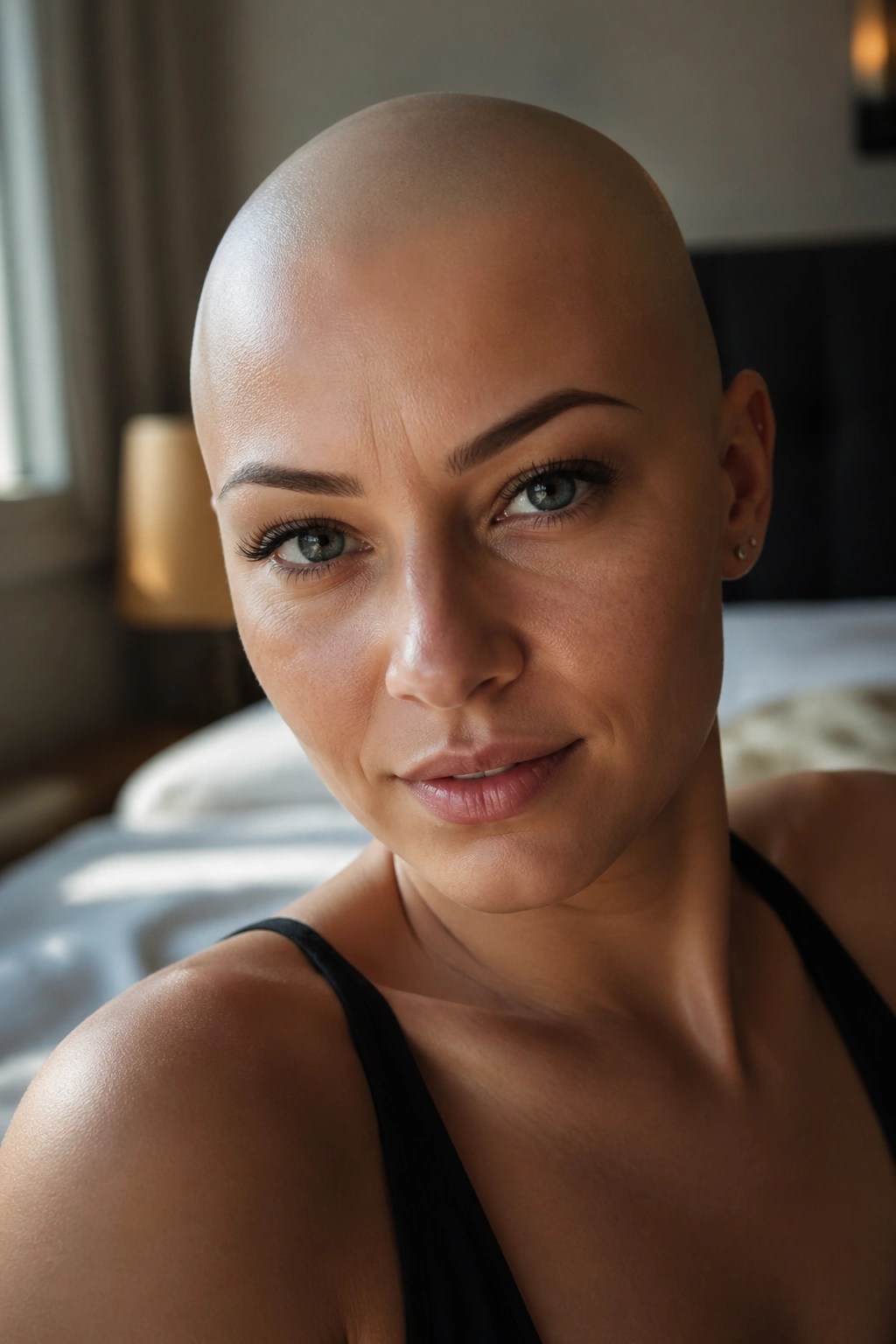 Close-up portrait of a real woman with a fully shaved head, scalp visible, warm bedroom light.