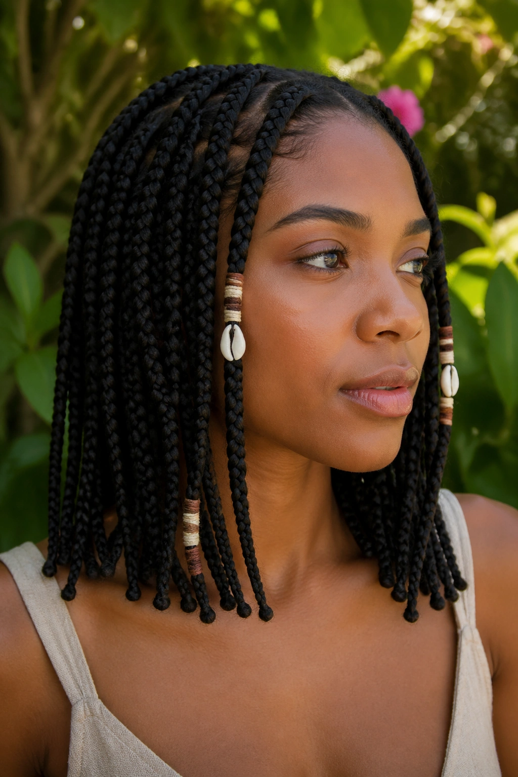 Close-up of knotless braids with shell beads and thread-wrapped accents