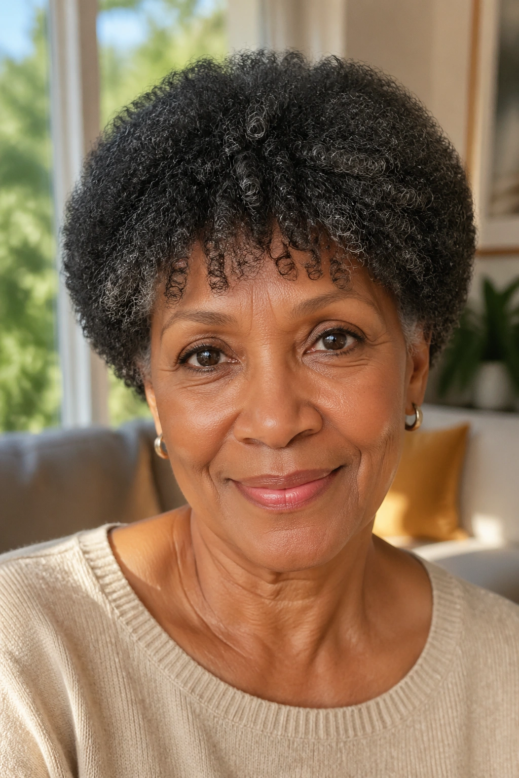 Close-up of an older woman with a short afro and soft fringe in a sunlit room