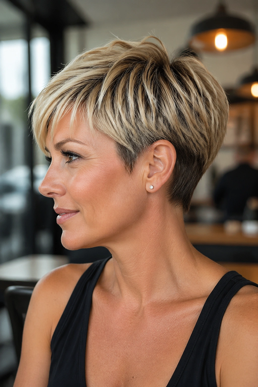 Real woman with short blonde pixie and tucked-in depth
