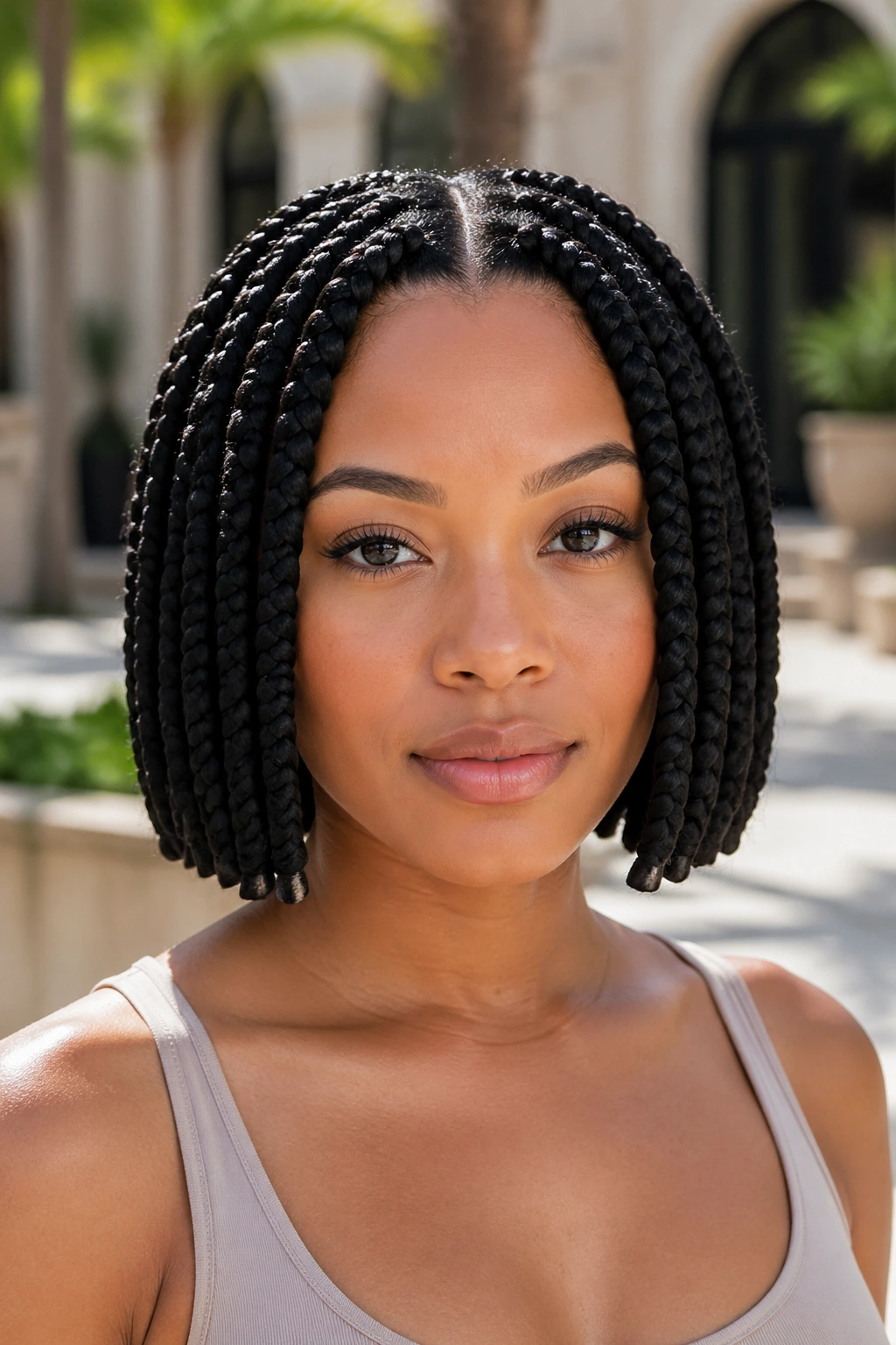 Close-up of a real woman with short blunt-bob jumbo feed-ins