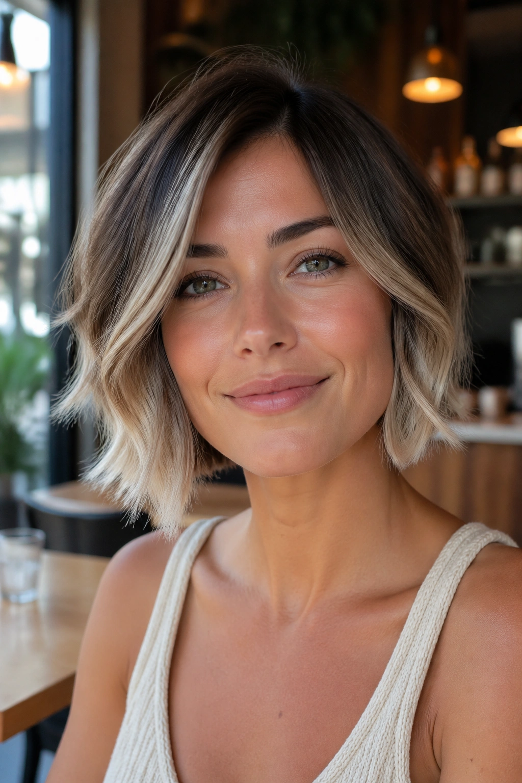 Close-up of short bob with creamy balayage on a real person