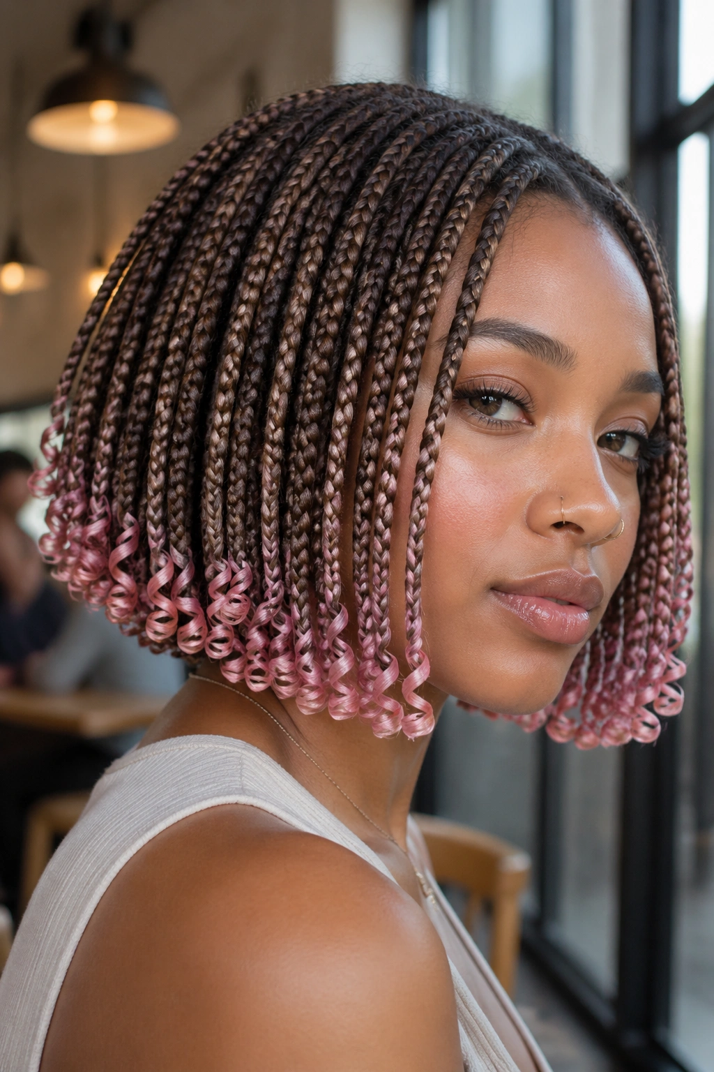 Close-up of a real person with short brown bob box braids and pastel pink ends