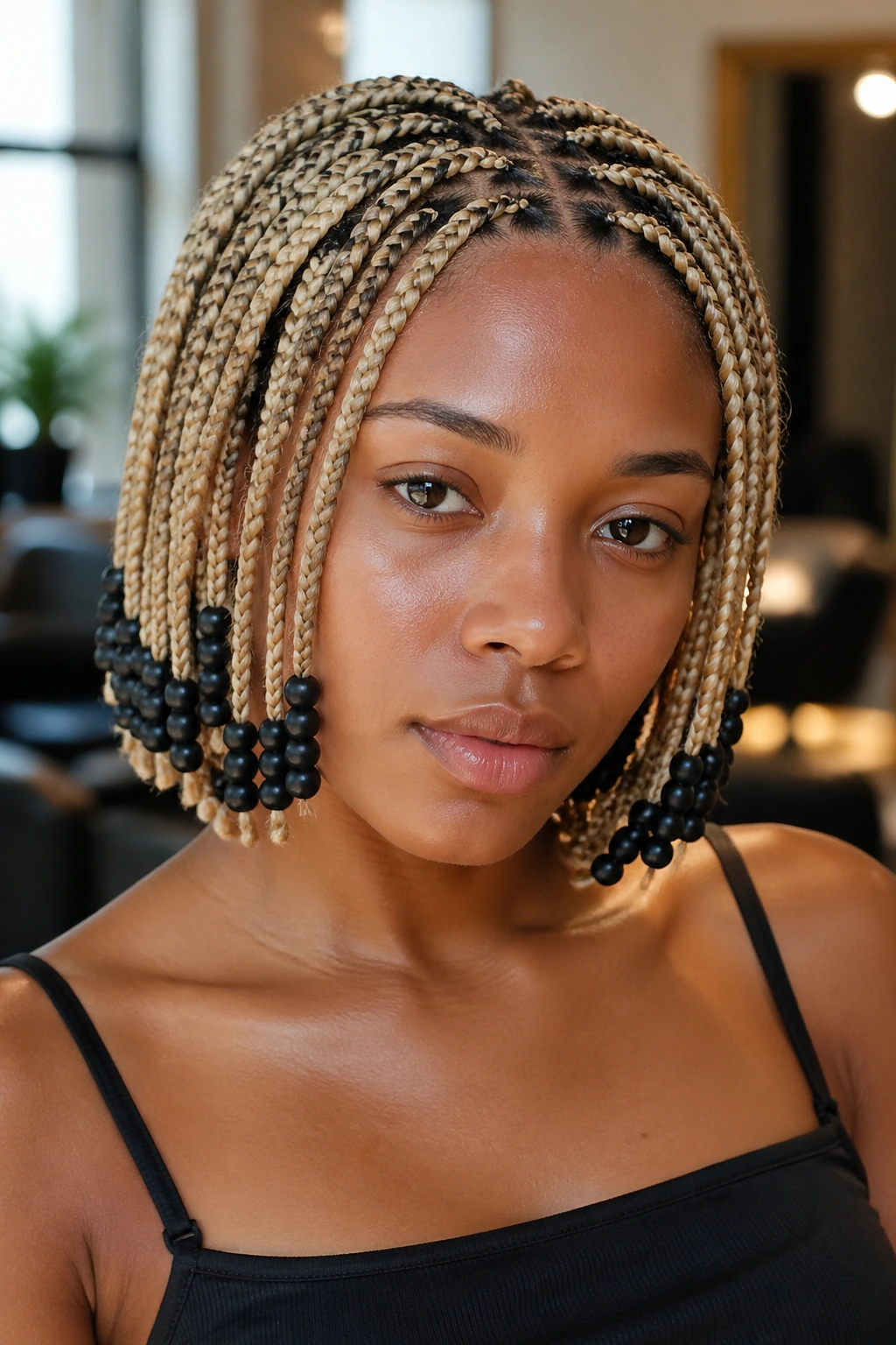 Close-up of a real person with short blonde box braids accented by matte black beads