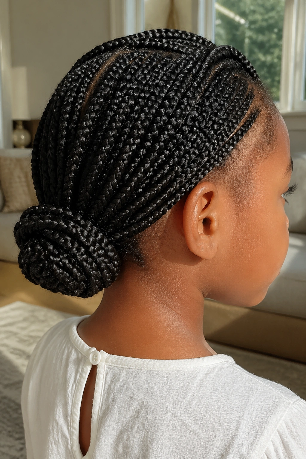 Close-up of a child with short box braids in a low bun at the nape in a sunlit living room