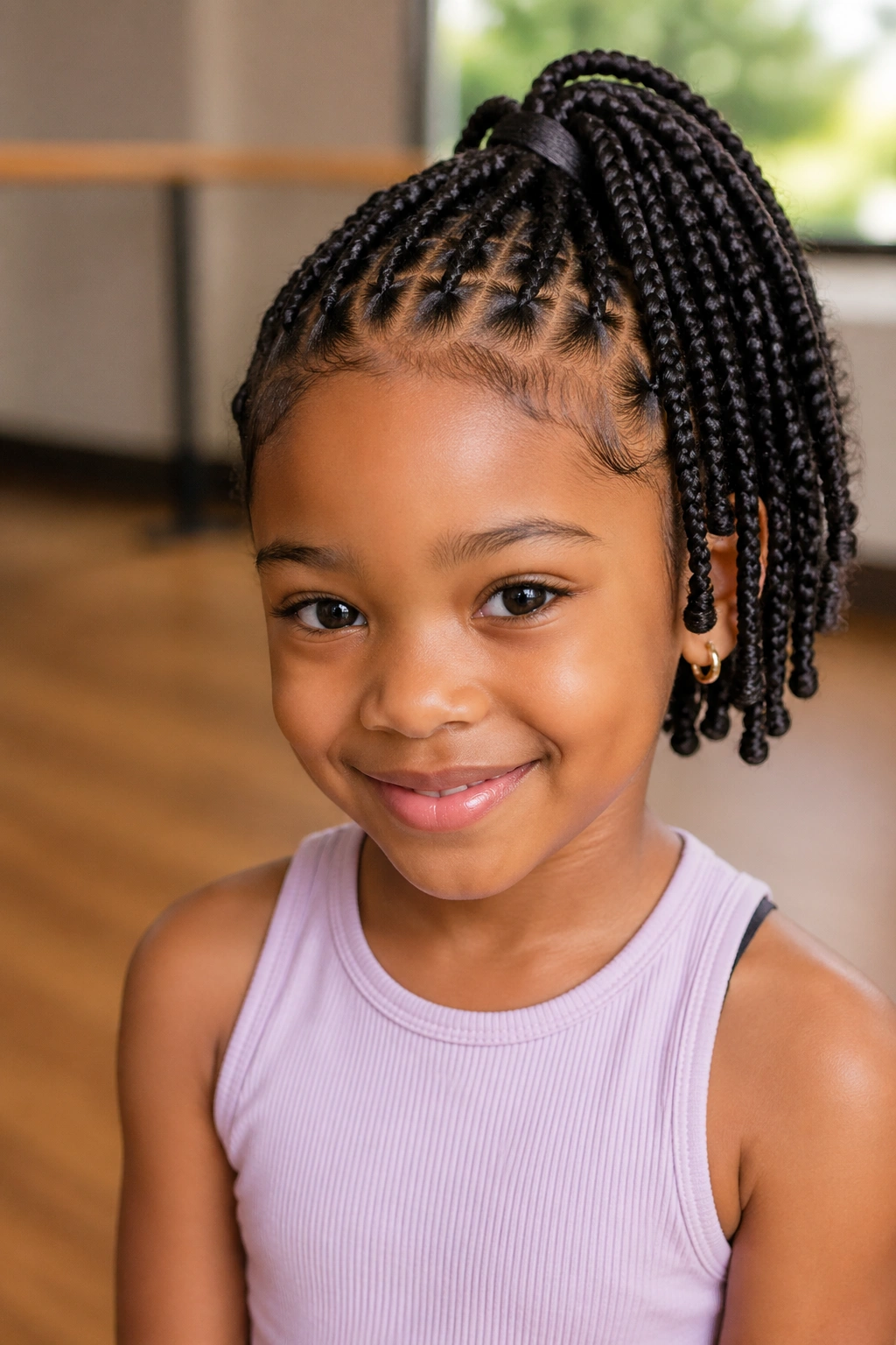Portrait of a child with braided ponytail short box braids in a high ponytail in a dance studio