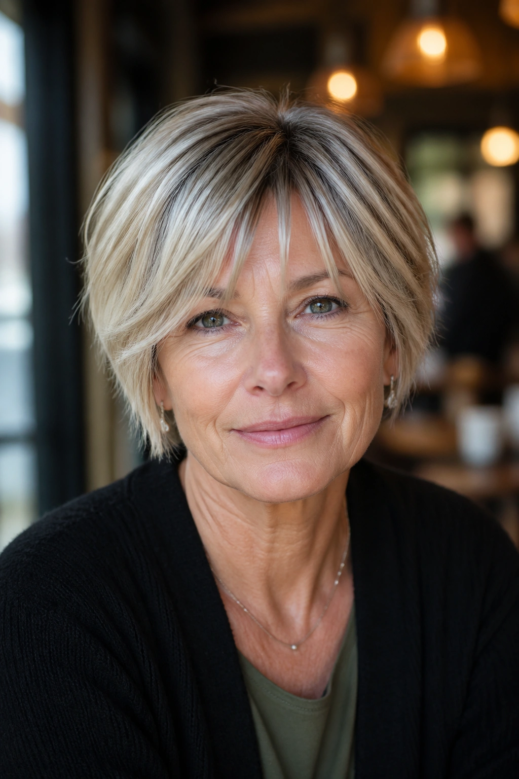 Close-up of a real woman with a short cut and long bangs in a cafe window light.