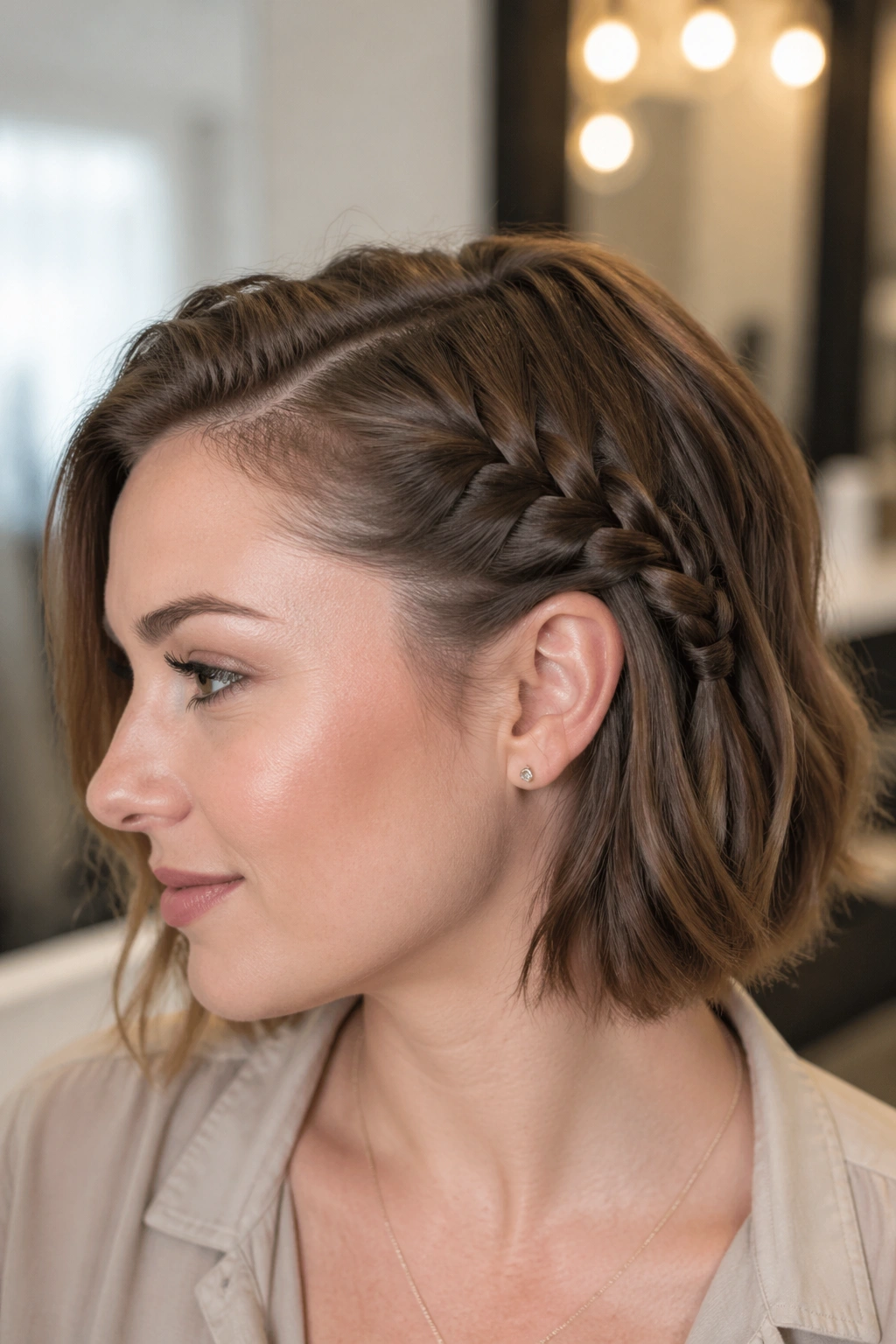 Close-up of a bob with a tiny side braid secured with crossed bobby pins