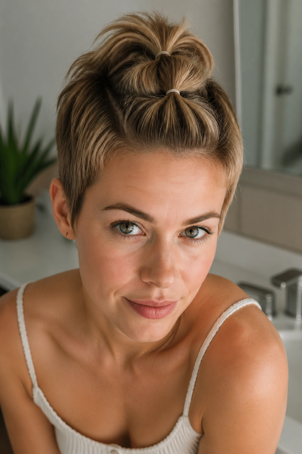 Close-up of short hair with a last-minute volume bubble braid on pixie cut, in a morning bathroom.