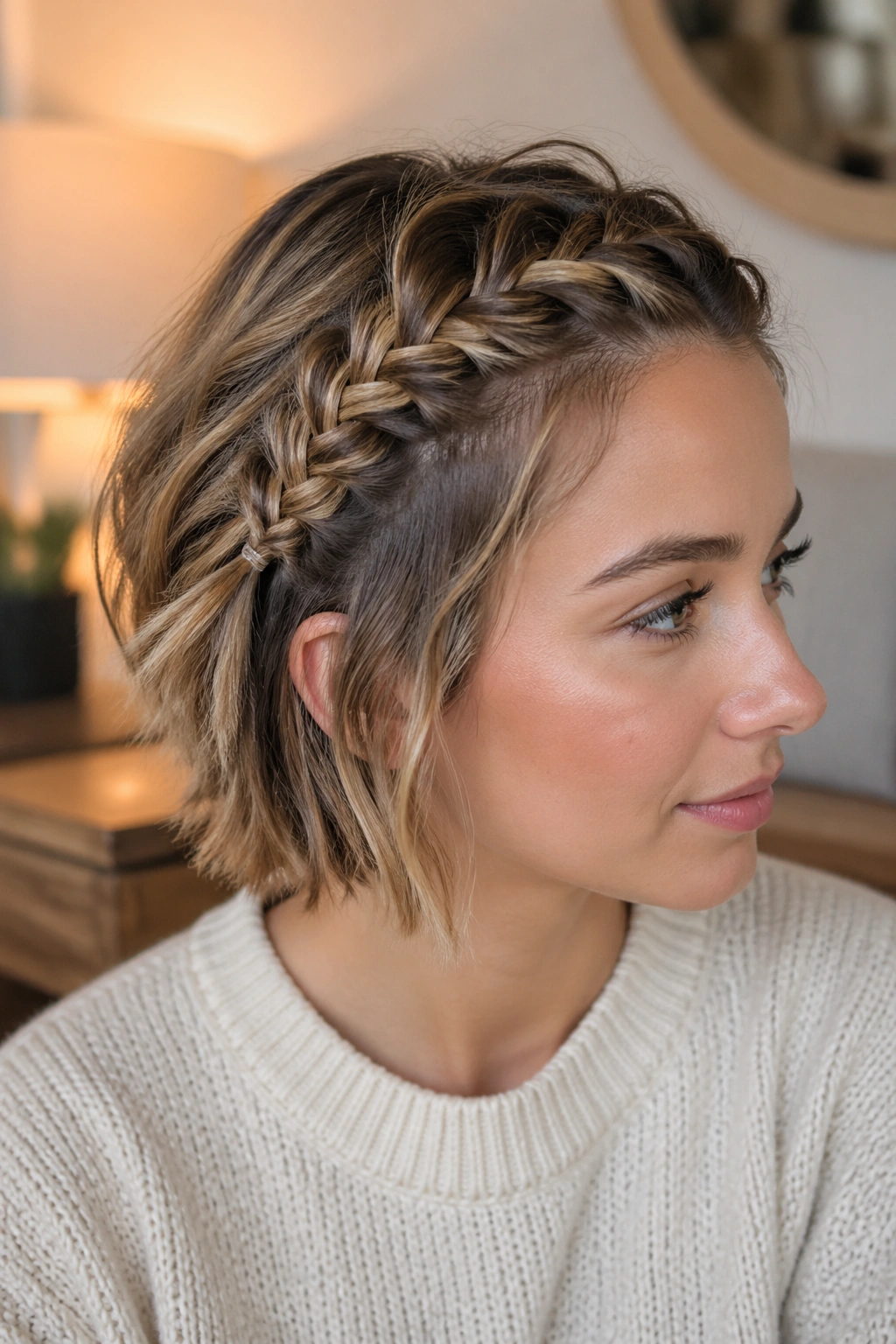 Short-haired woman with messy fishtail braid starting near the ear