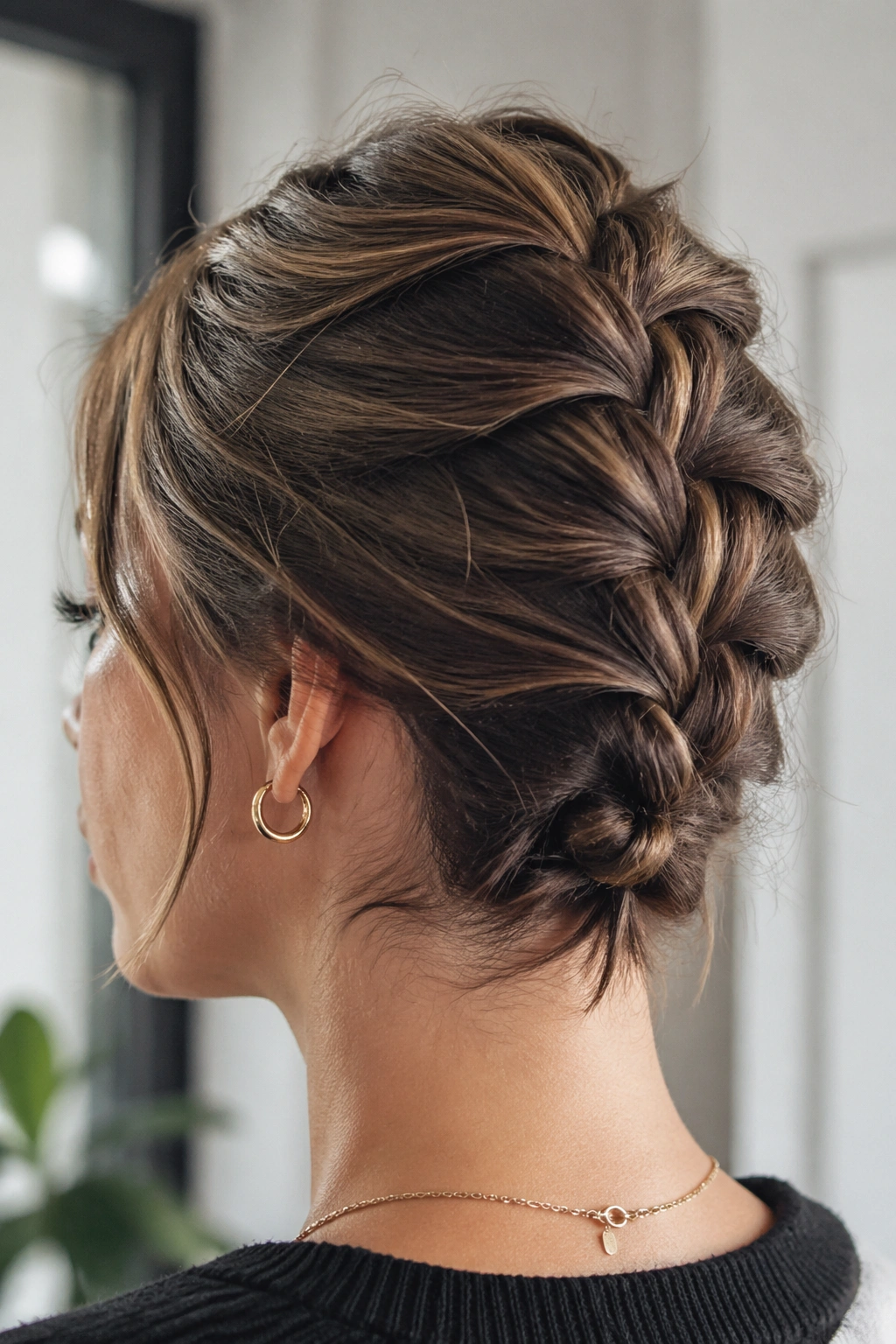 Real woman with short-hair French braid ending at the nape under natural indoor light