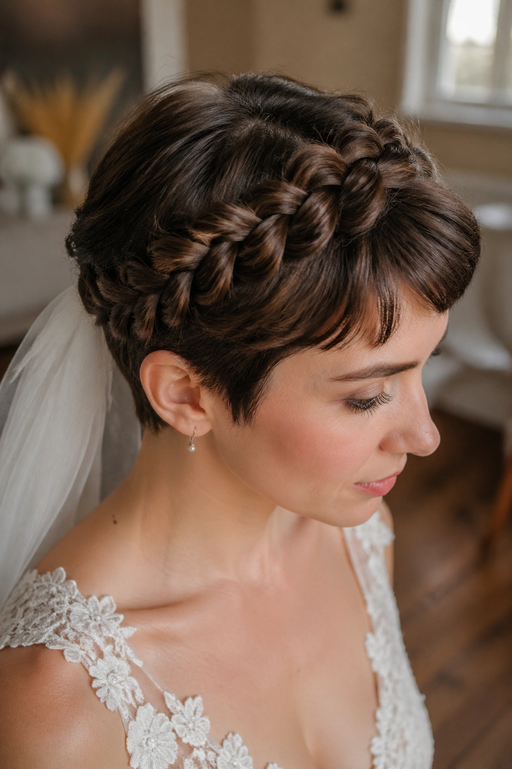 Close-up of short-hair halo braid with veil anchored at the nape on a real bride