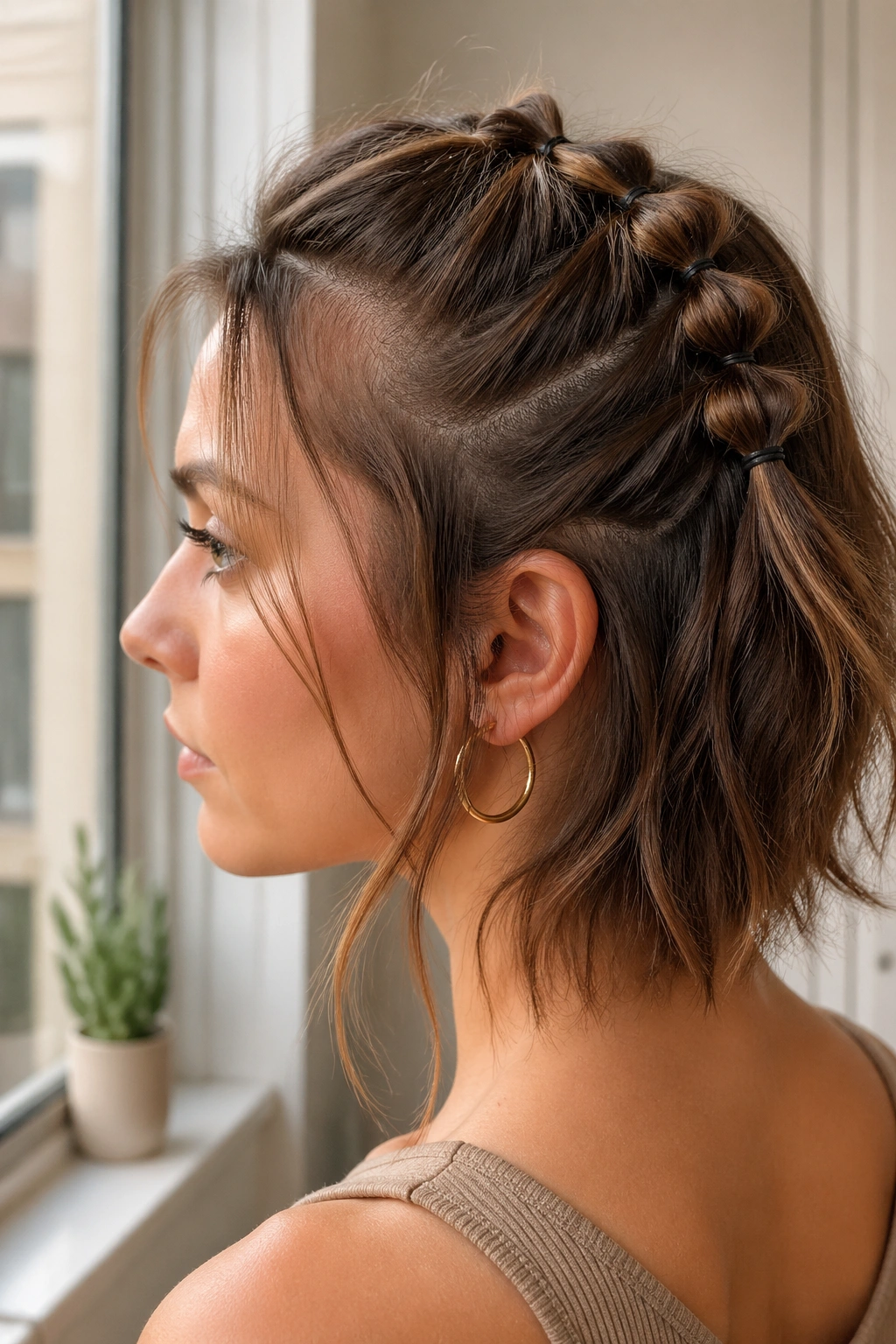 Close-up of a real person with a mini bubble ponytail on shoulder-length hair by a window