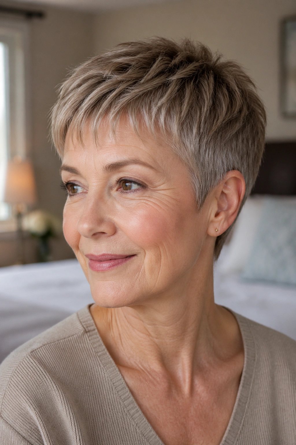 Close-up portrait of a real woman with a French crop and micro layers.