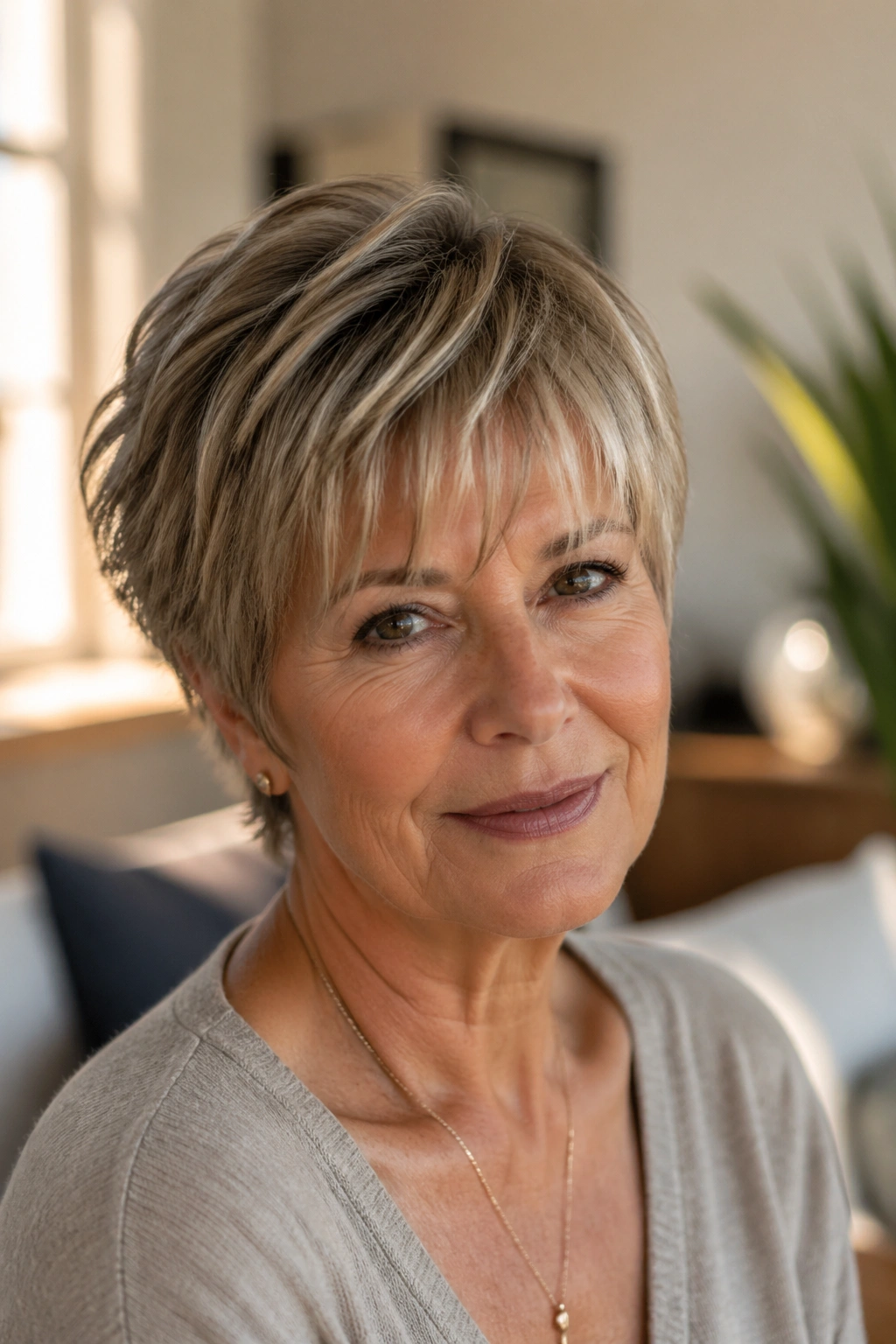 Close-up portrait of a woman with short layered hair and wispy fringe.
