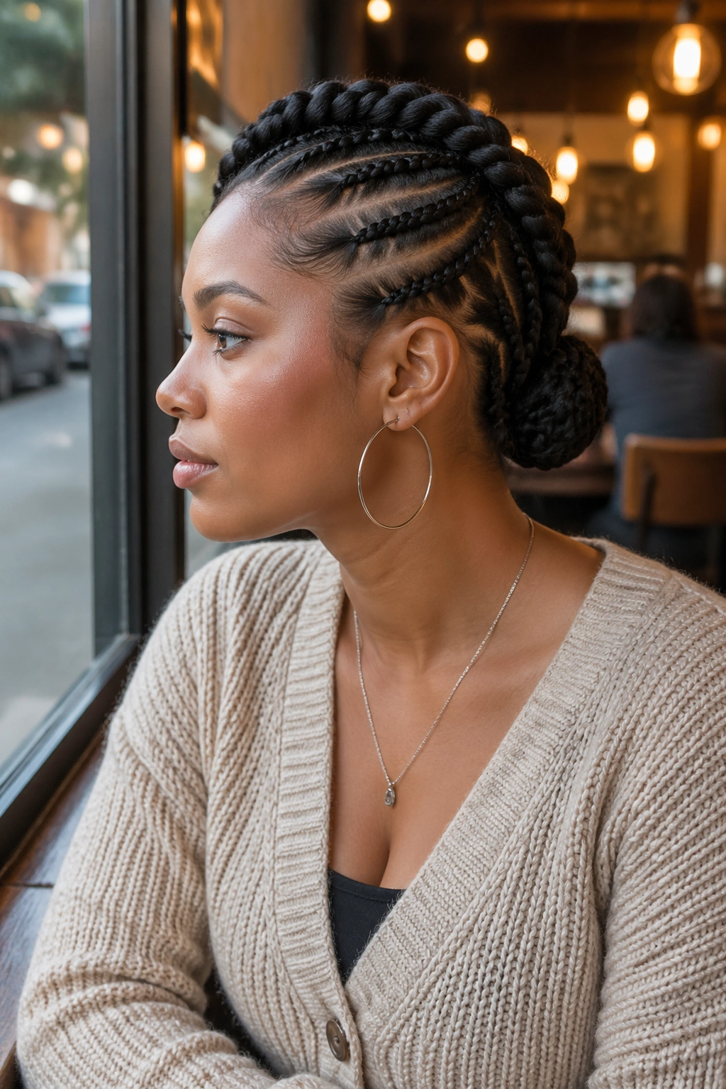 Close-up portrait of a real woman with short mohawk braids and a tucked bun at the nape.