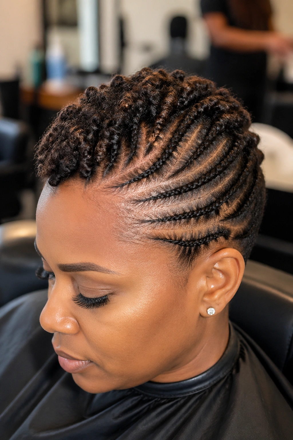 Close-up of short Type 4 hair with mohawk braids and shaved look.