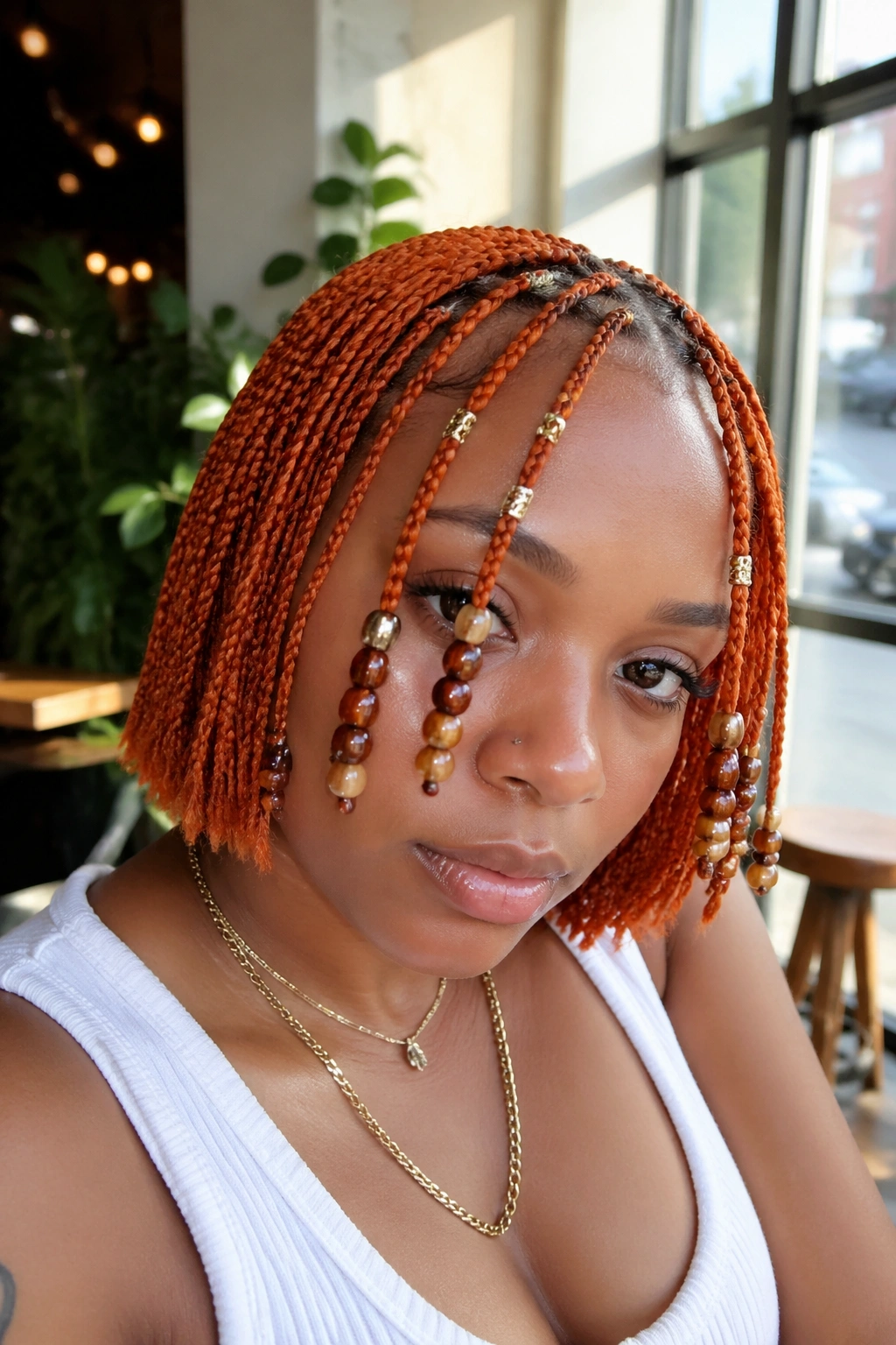 Close-up of a real person with short orange braids and beaded front pieces framing the face.