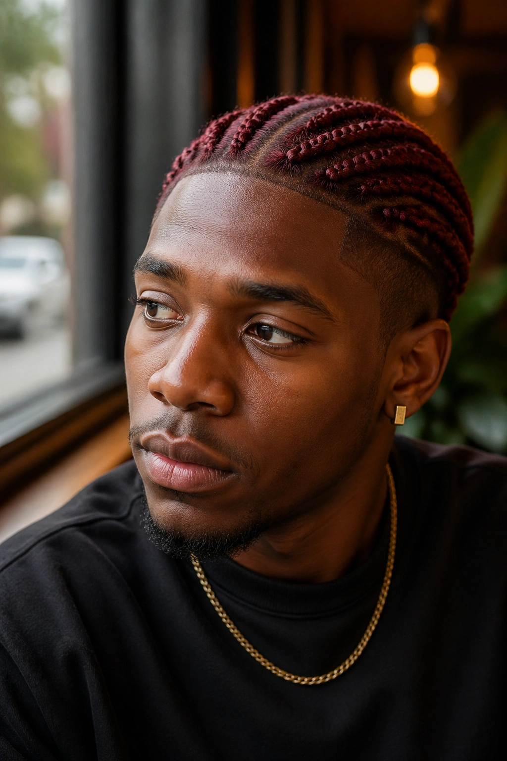 Close-up of a real man with short red braids on coily hair